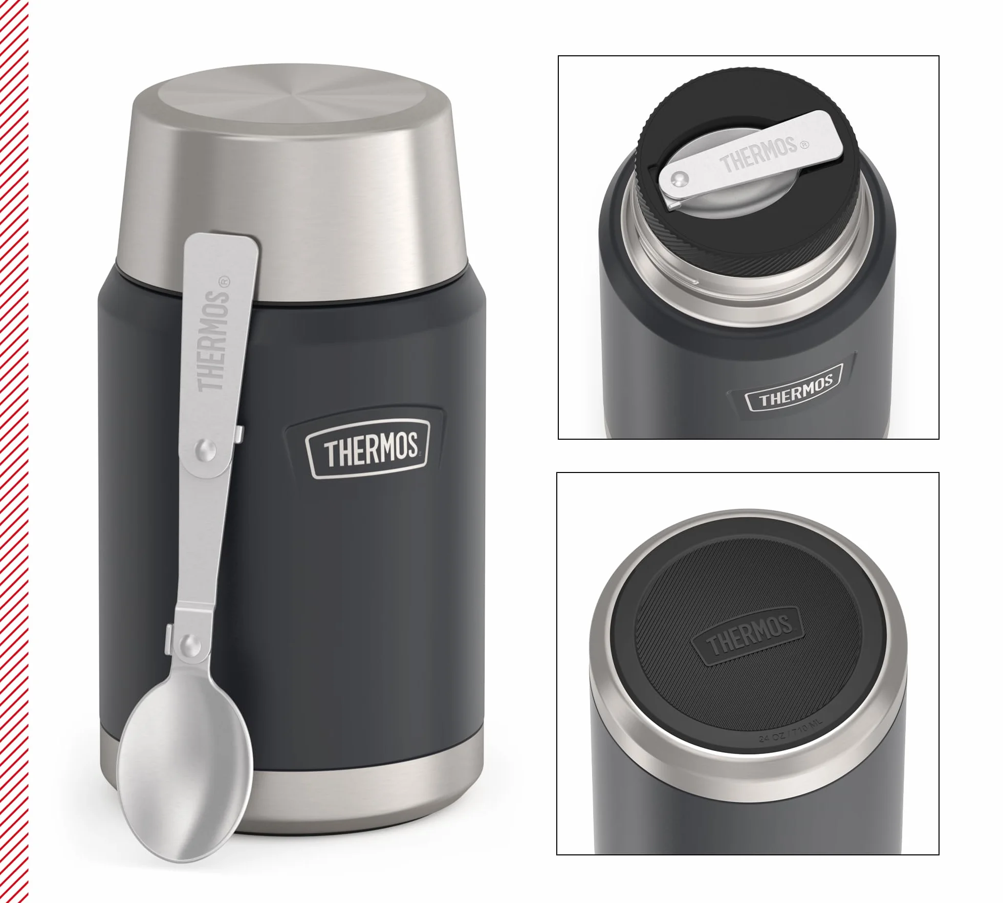 Thermos ICON Food Jar 0,71 l, ciemnoszary/grafitowy matowy, naczynie na jedzenie 710 ml, podwójne ścianki ze stali nierdzewnej 18/8, utrzymuje ciepło i zimno, ze składaną łyżką, antypoślizgowe dno,