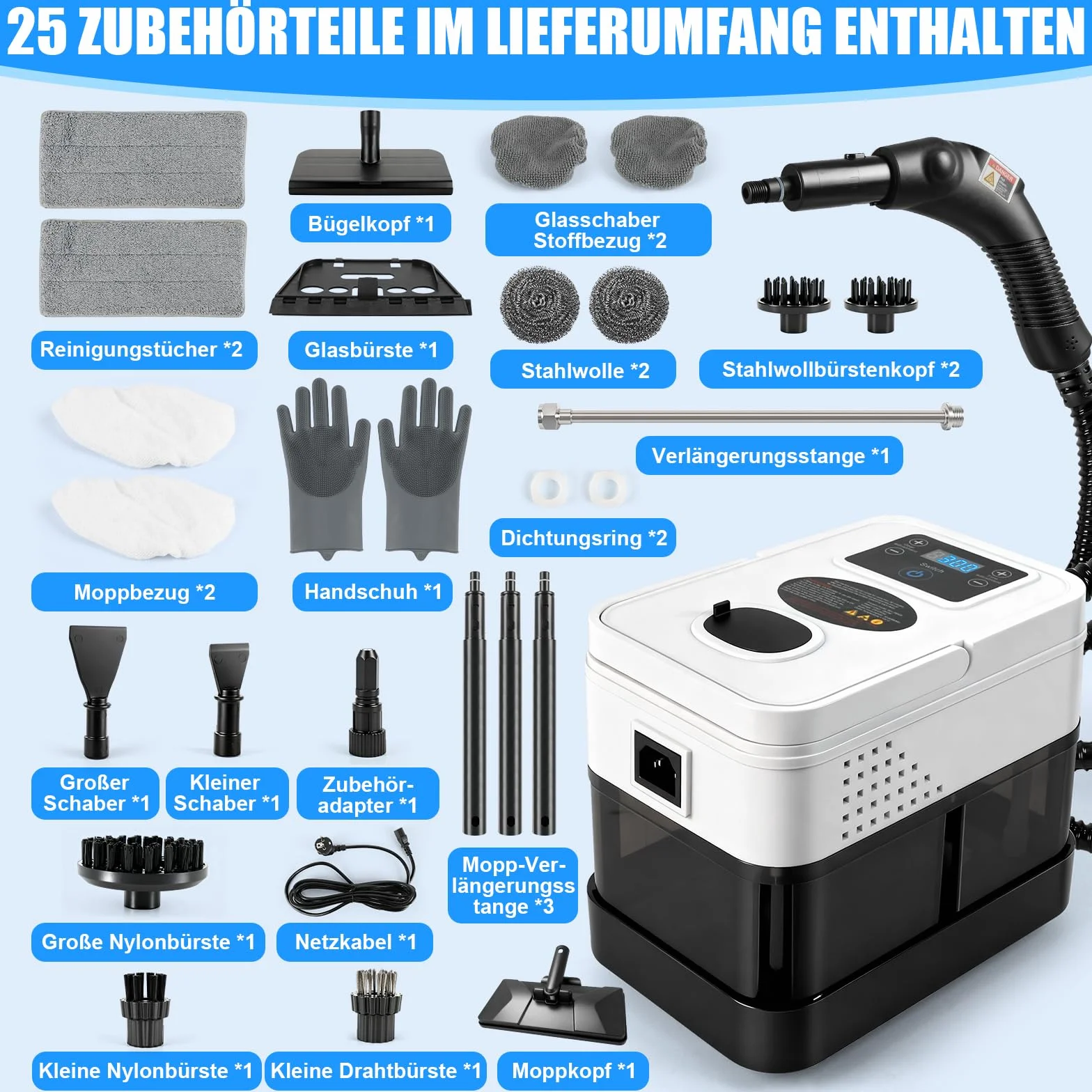 Odkurzacz parowy ręczny, 2500W odkurzacz ręczny z parą do wszystkiego z 19 akcesoriami, ciśnienie pary 1800 ml zbiornika, przenośny odkurzacz parowy do okien, kuchni, podłóg, samochodów