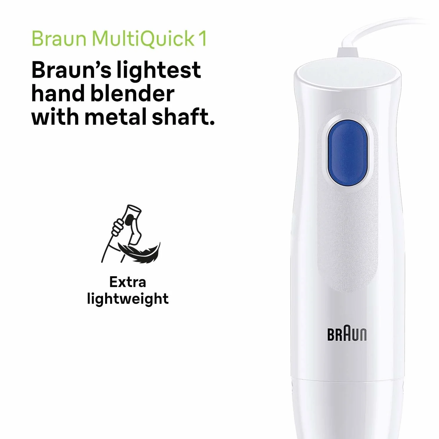 Braun MQ10.001M MultiQuick 1 blender ręczny – bardzo lekki blender z podstawą ze stali nierdzewnej i systemem EasyTwist, w zestawie kubek do miksowania i miarki 600 ml, 450 W, biały