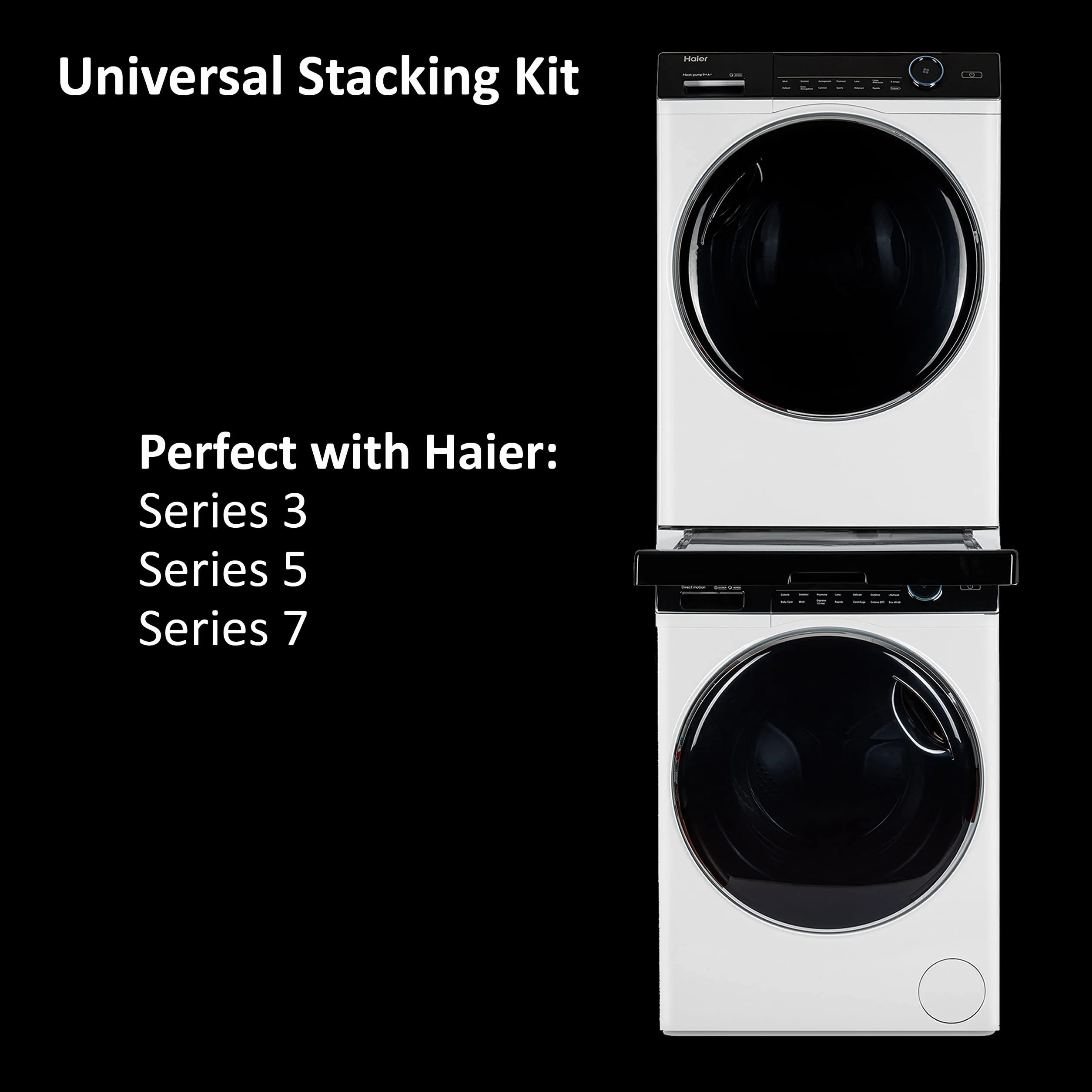 Haier Uniwersalna rama montażowa Premium do pralek i suszarek bębnowych, oszczędzająca miejsce, z czarną półką przesuwną zapobiegającą przechyleniu, idealna do Haier Pralki i suszarki serii 3, 5 i 7
