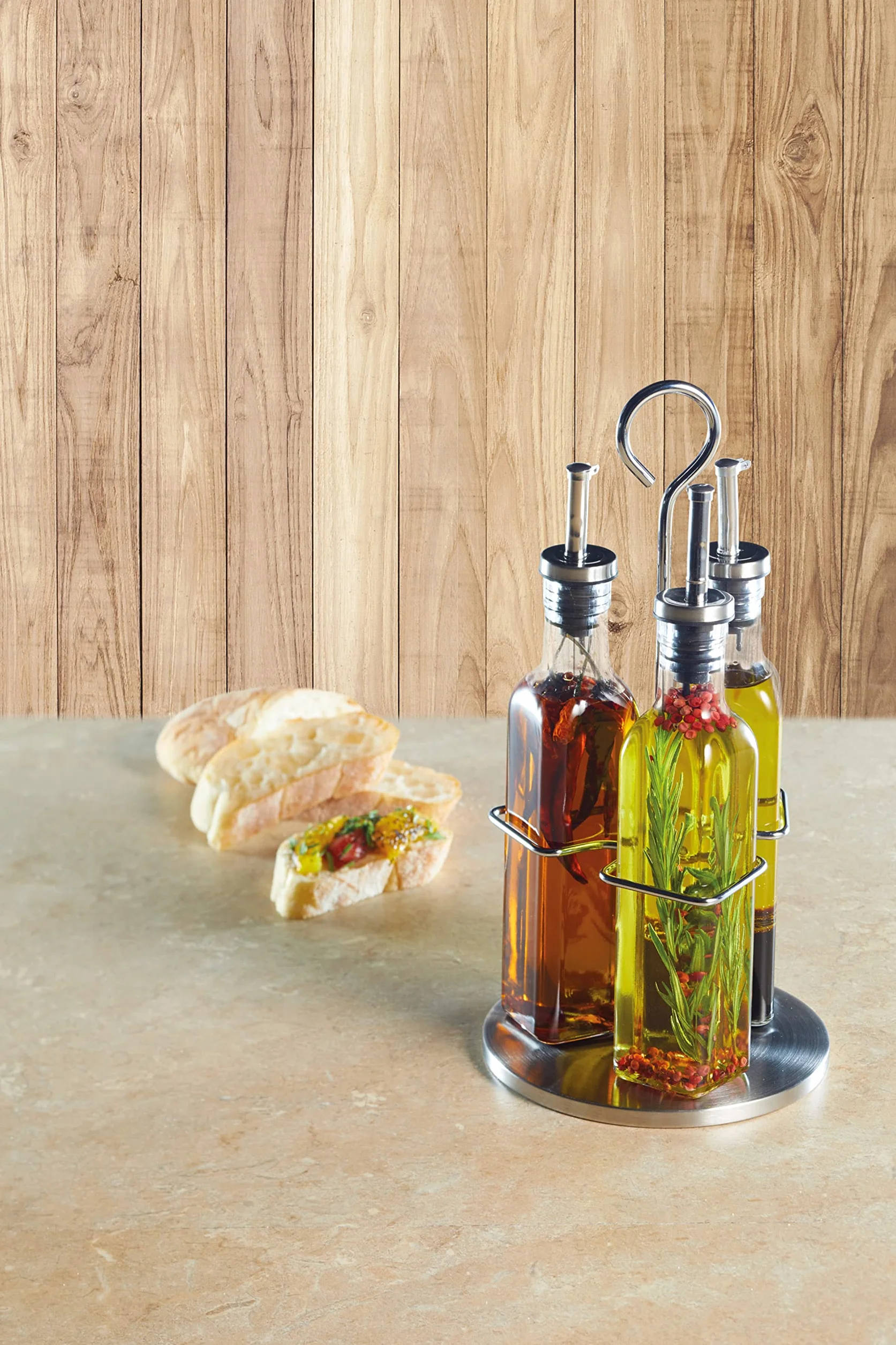 KitchenCraft World of Flavours, zestaw butelek na olej i ocet ze stelażem ze stali nierdzewnej i zdejmowanym korkiem, dozownik oleju, butelka na oliwę z oliwek i butelka octu ze szkła, zestaw 4 sztuk