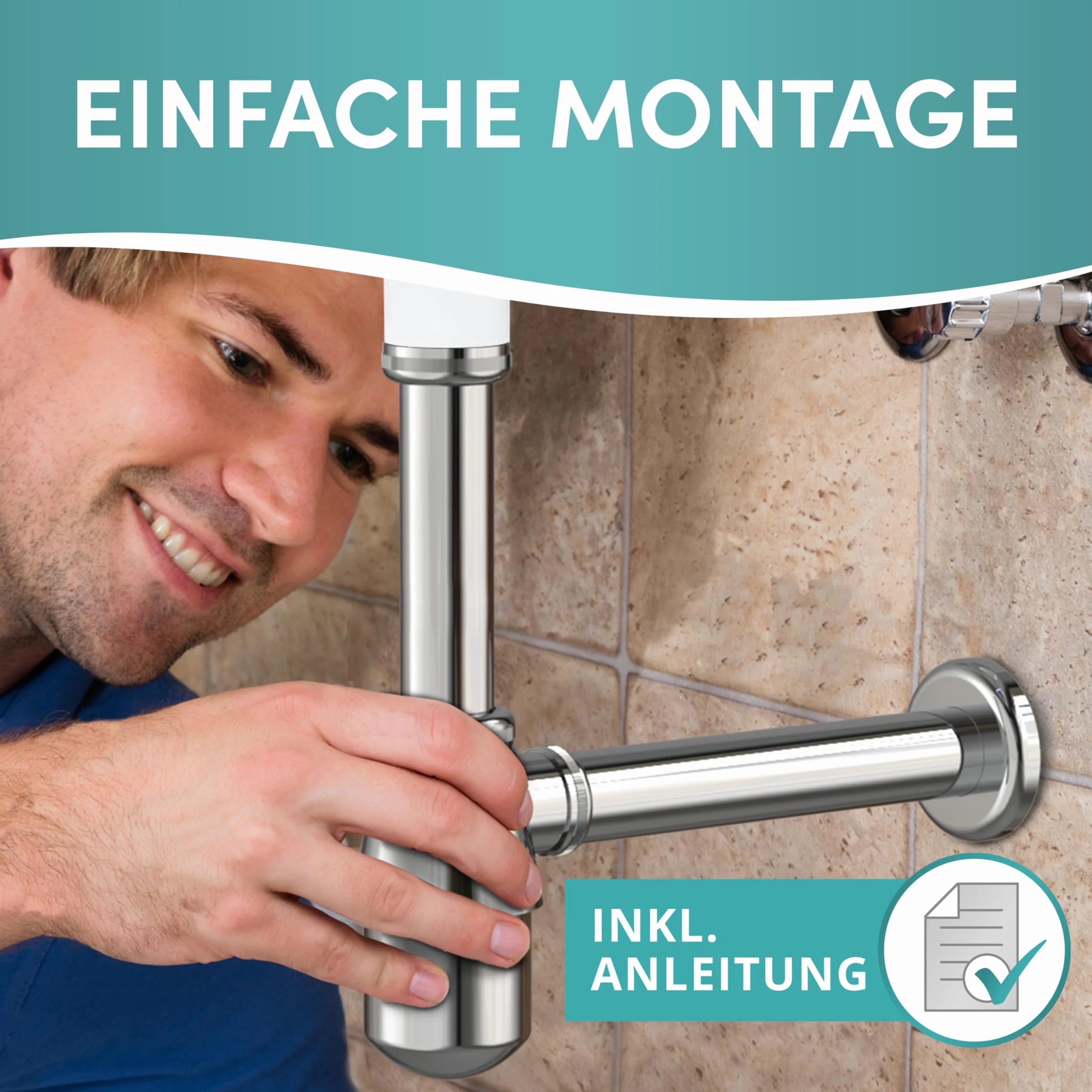 Engelbach® Syfon do umywalki z otworem czyszczącym – uniwersalny Sifon butelkowy 1 1/4 – rura odpływowa, syfon butelkowy, Siphon w zestawie z uszczelką gumową i instrukcją