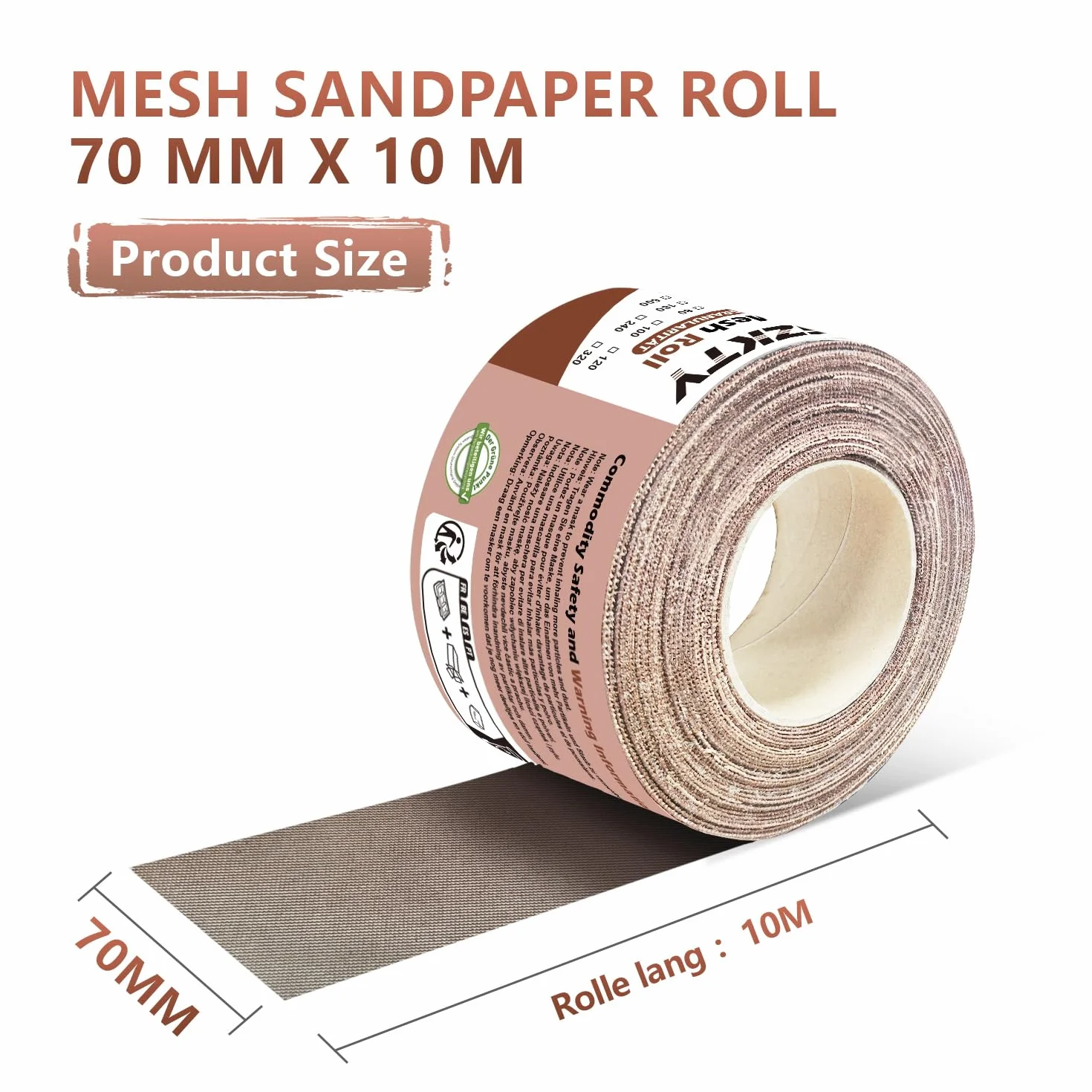 Rulo z papieru ściernego z siatką, 70 mm x 10 m, ziarnistość P150, łączenie z 70mm szerokim ręcznym szlifierkiem, siatka szlifierska do drewna, metalu, ściany