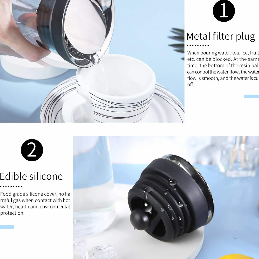 Karafka ze szkła borokrzemowego 1200 ml, dzbanek z pokrywką ze stali nierdzewnej, pyłoszczelna pokrywka i wygodne nalewanie