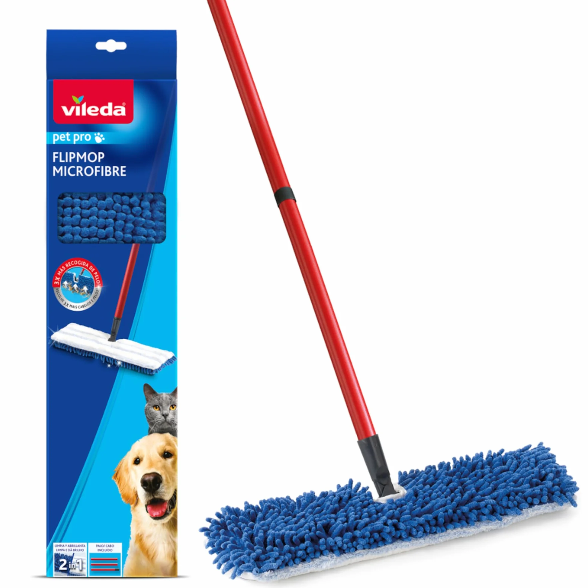 Vileda Pet Pro Uniwersalna mikrofibra | Płaski Mop | Trzy razy więcej usuwania sierści zwierząt domowych | Łatwe wkładanie | 100% mikrofibra | Zastosowanie na sucho na wielu powierzchniach | Można