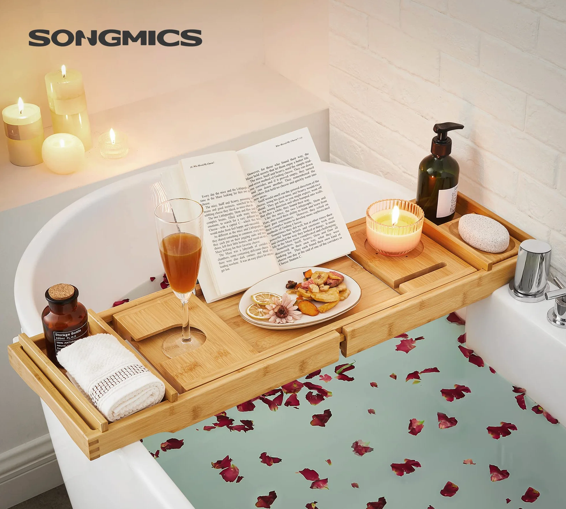 SONGMICS BCB88Y wysuwana półka na wannę z bambusa, regulowana półka na wannę, z uchwytem na napoje, podpórką na książkę, uchwyt na mydło 75-109 x 4,5 x 23 cm (szer. x wys. x głęb.)