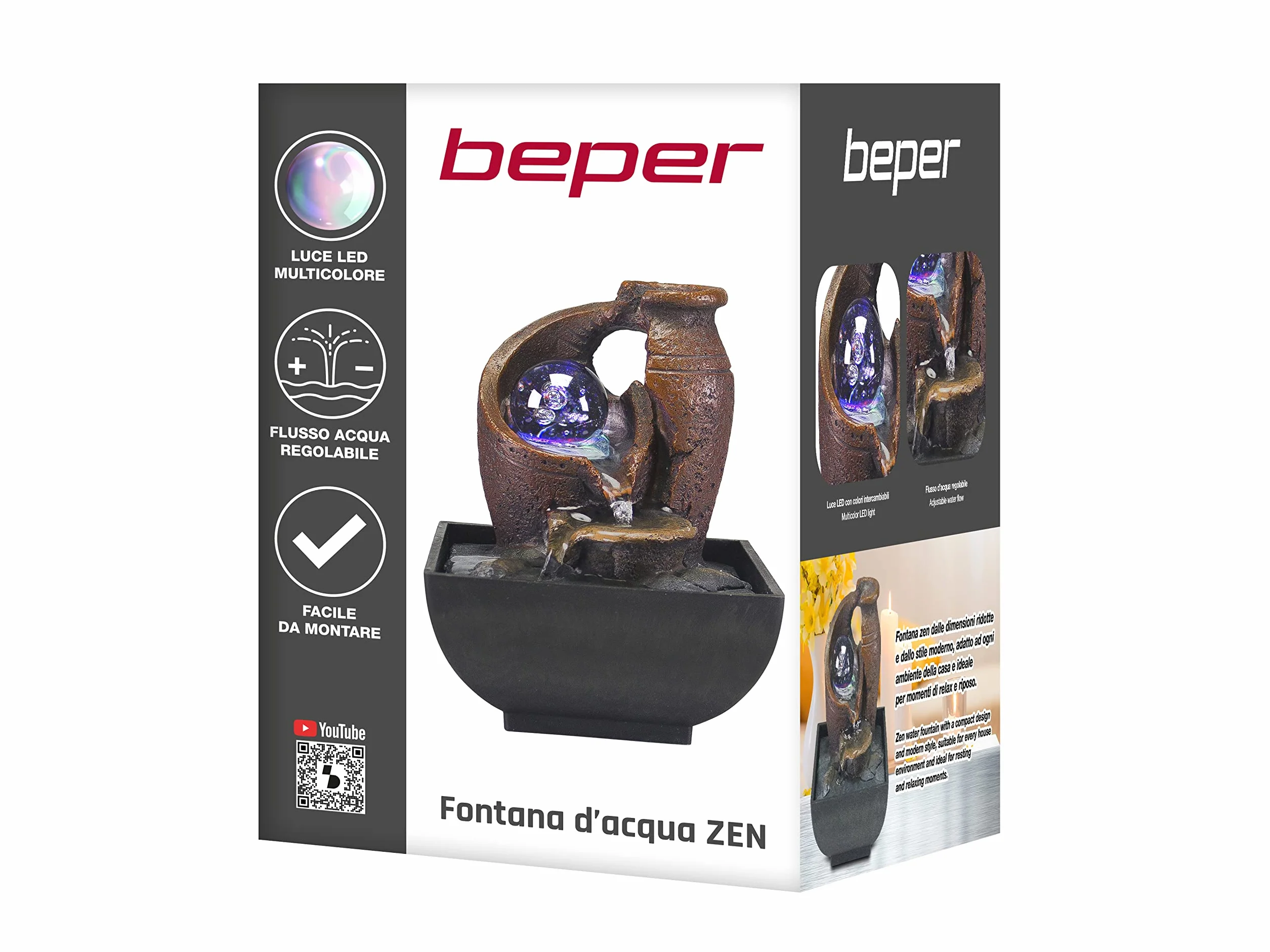 Beper P201UTP201 Fontanna wewnętrzna Amfora Zen z relaksującym światłem LED - fontanna wodna do wnętrz, czarna