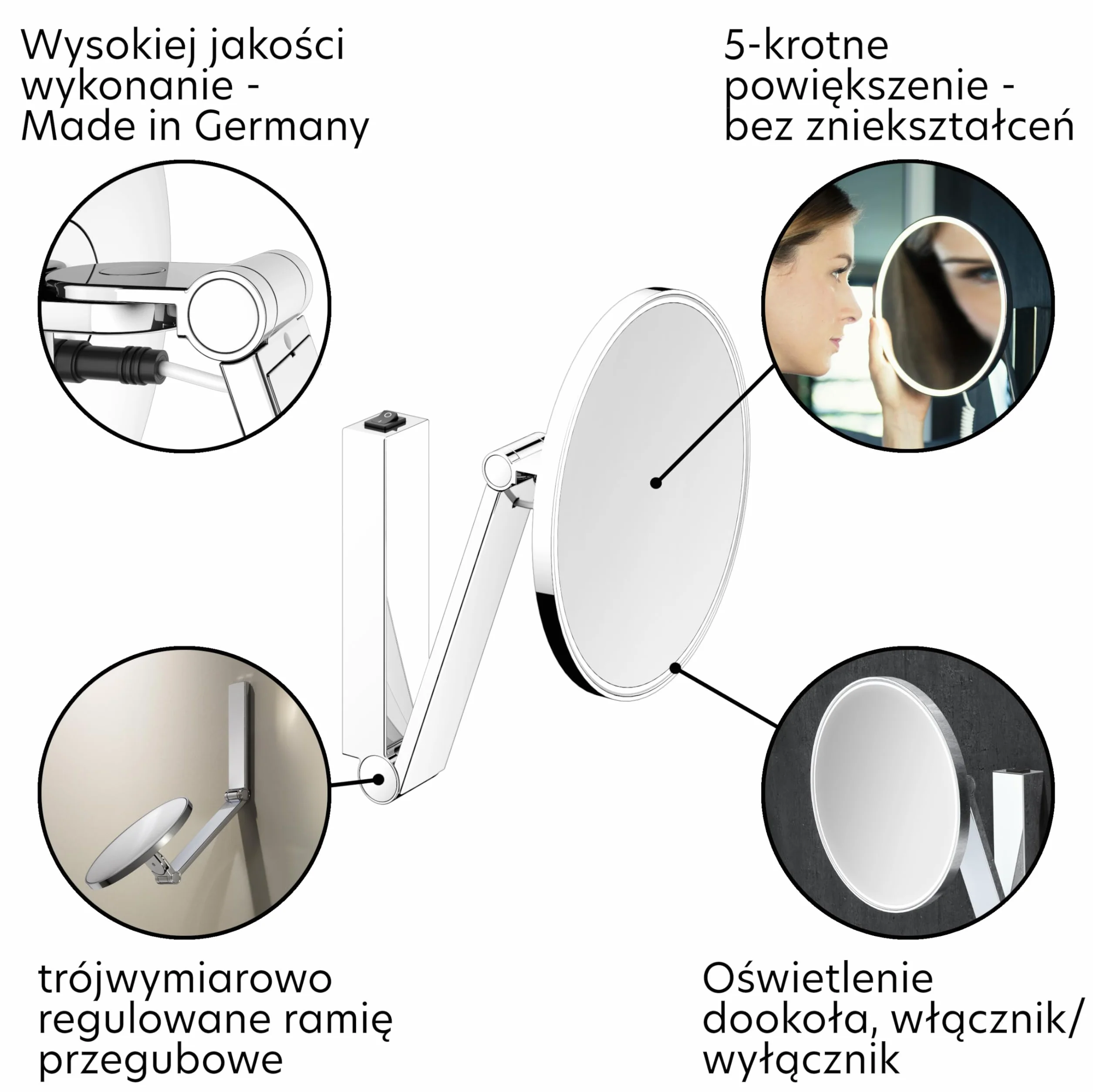KEUCO iLook_move Lusterko kosmetyczne z oświetleniem, okrągłe, Ø20 cm, 5-krotne powiększenie, Wyprodukowano w Niemczech, metal chromowany, z Włącznikiem/Wyłącznikiem, montaż podtynkowy