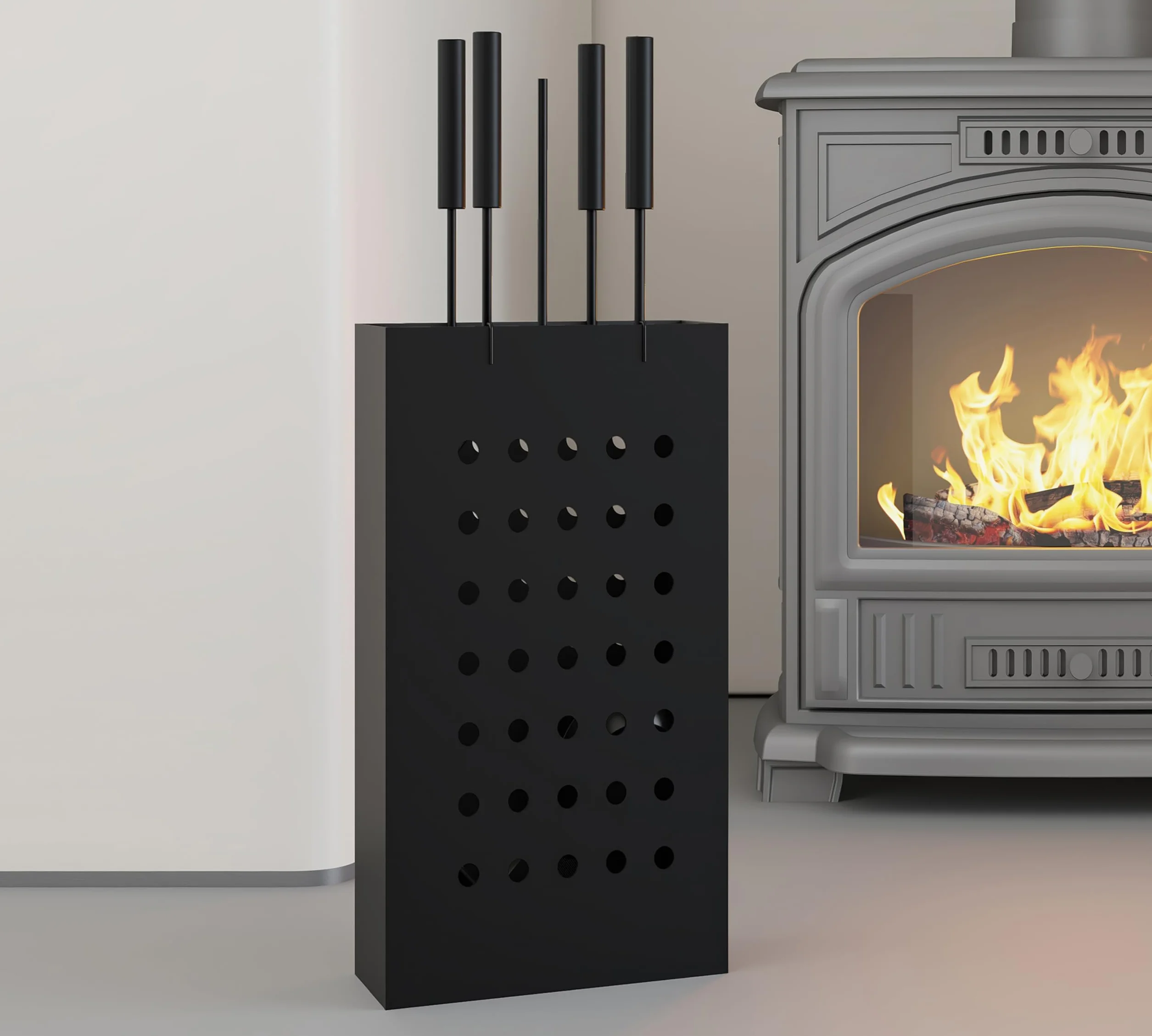 Kingson Zestaw kominkowy Black Iron z prostokątnym wiadrem na popiół, 4 narzędzia do zawieszania (poker, szczotka, łopata, szczypce), kompaktowy zestaw narzędzi kominkowych do palników na drewno