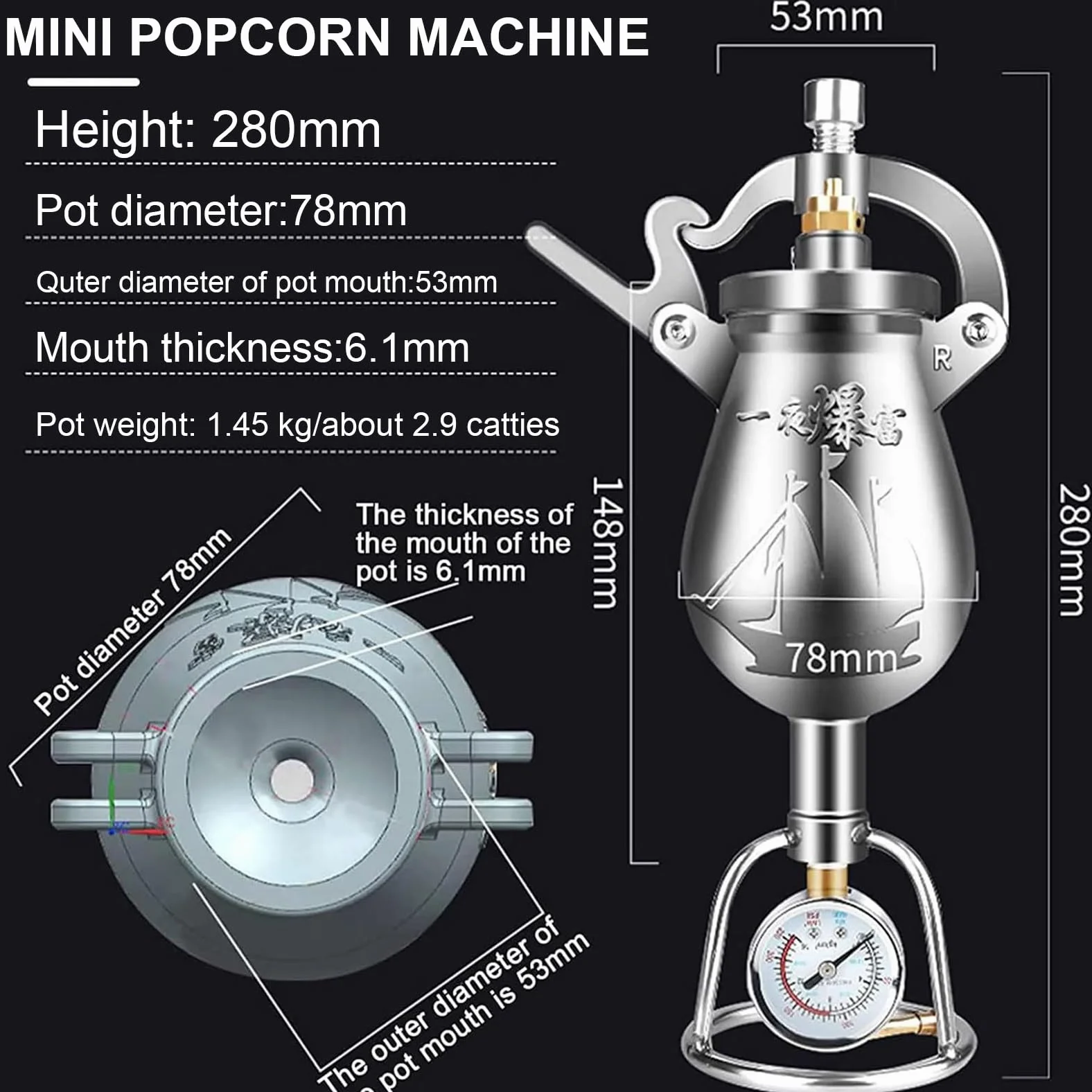 Chińska armata do popcornu Ręczna maszyna do robienia popcornu ciśnieniowa w stylu retro