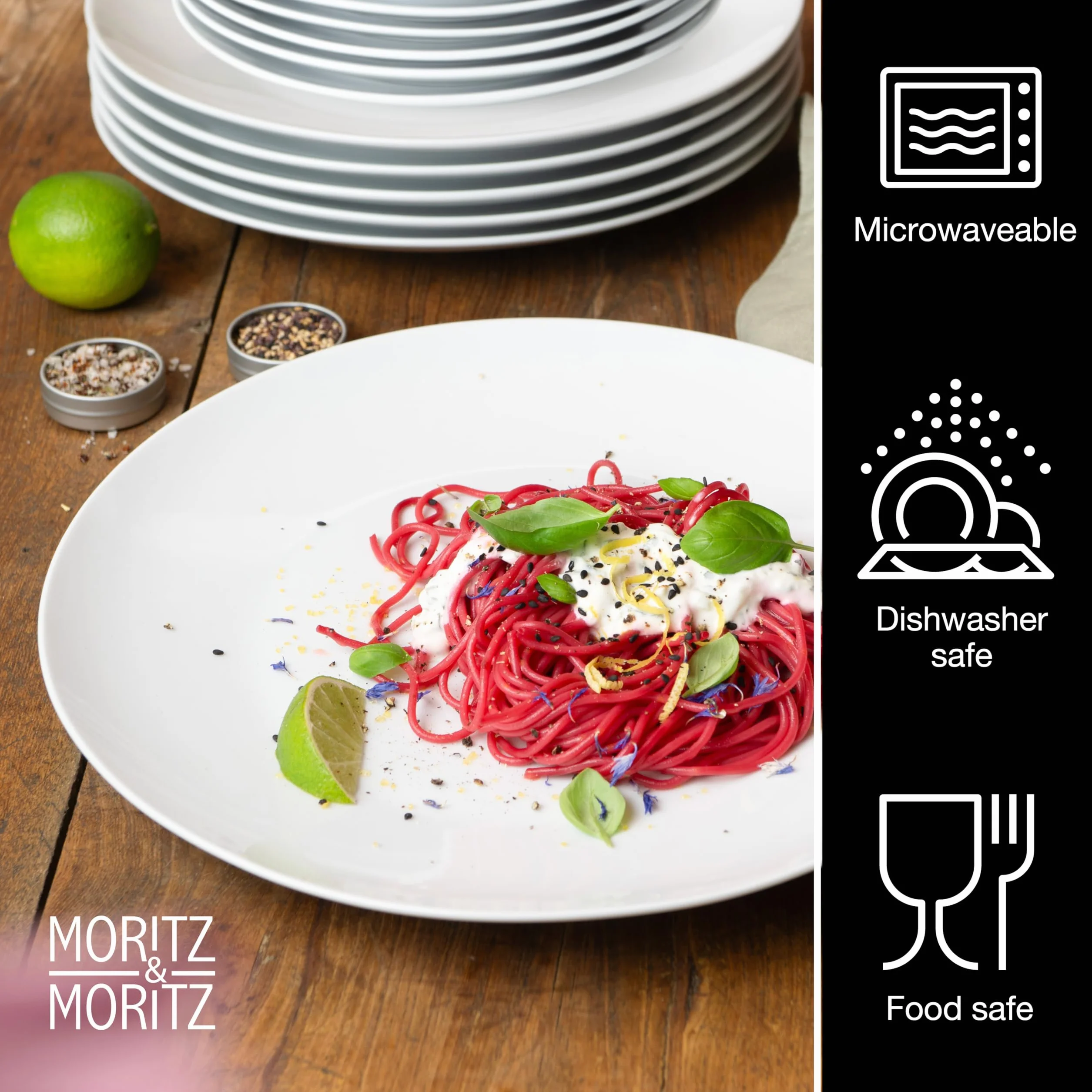 Moritz & Moritz BASIC 18-częściowy zestaw naczyń dla 6 osób, nowoczesny – z wysokiej jakości porcelany w klasycznej bieli – składający się z 6 talerzy obiadowych, 6 talerzy deserowych i 6 miseczek