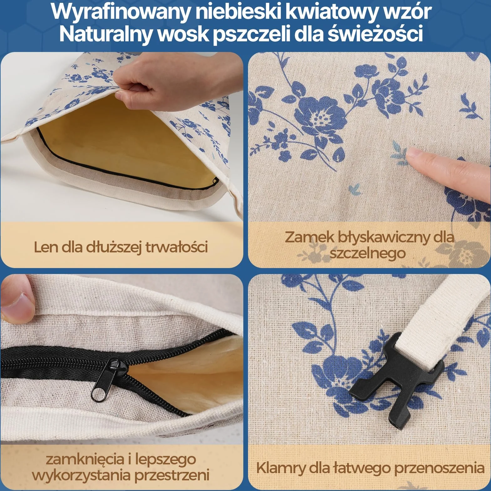 YARRAMATE lniane worki na chleb z wosku pszczelego niebieski kwiatowy zamek błyskawiczny do zamrażania wielokrotnego użytku