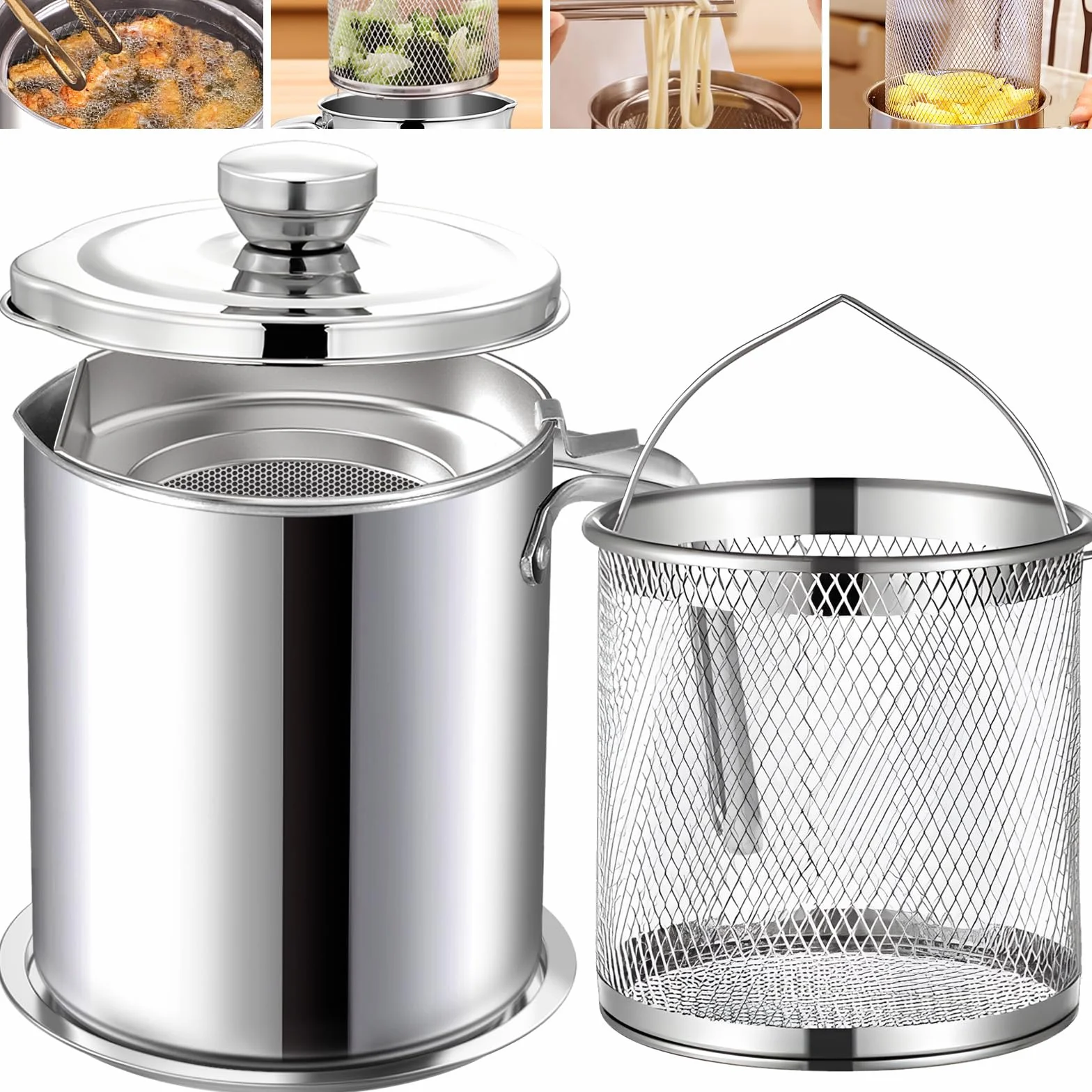 Chihee Pojemnik na tłuszcz frytkownica 2 w 1 ze stali nierdzewnej oszczędzacz tłuszczu z boczku z drobnym sitkiem kosz do smażenia 2L / 67,6 fl oz garnek do odcedzania oleju puszka na tłuszcz z