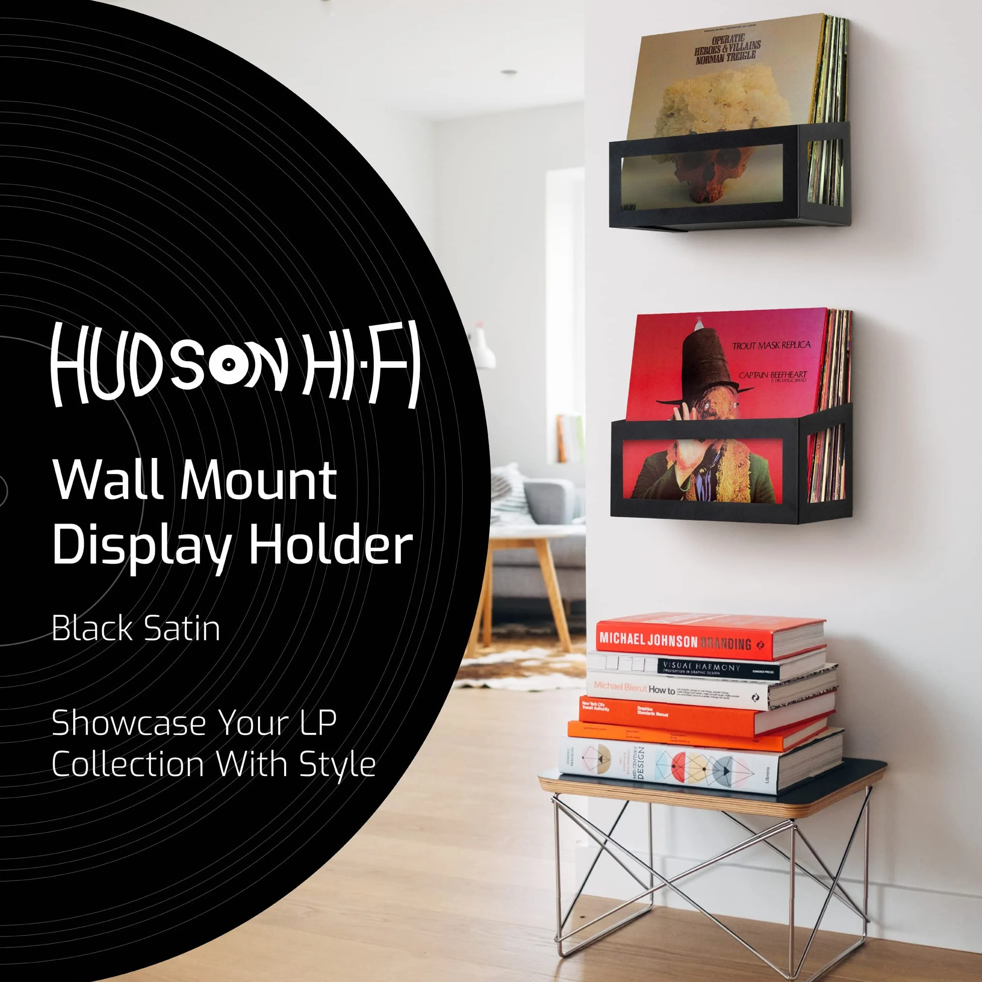 Hudson Hi-Fi Wall Mount Vinyl Record Storage 25-Album Display Holder - Black Satin - Two Pack