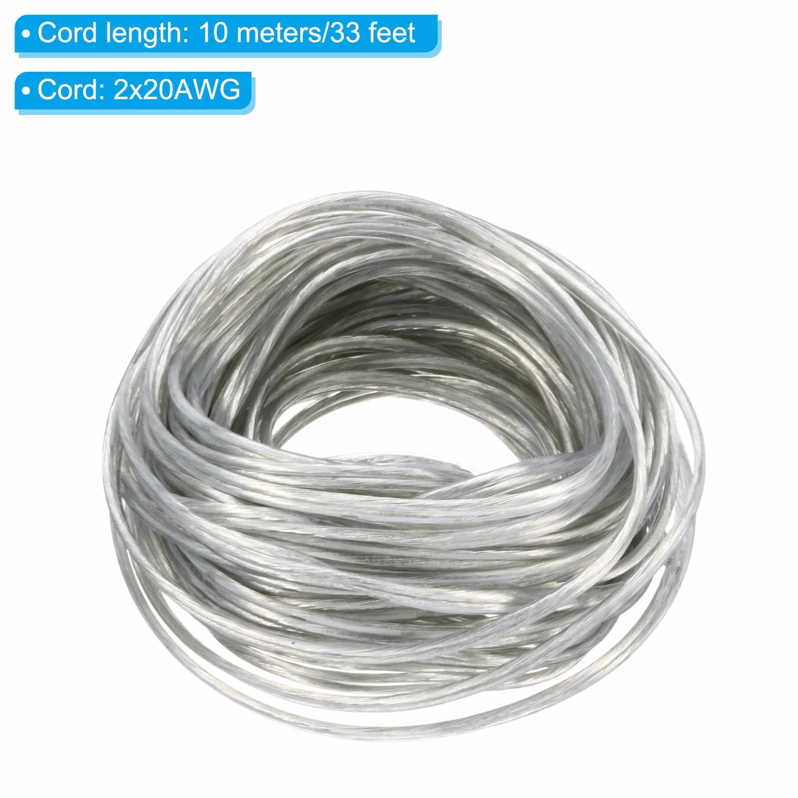 PATIKIL 32,8 ft 20/2 kabel powlekany PCW, 300 V, izolowany, odporny na wysokie temperatury, elastyczny kabel do drutu LED, kabla audio, głośnika, przezroczysty, z certyfikatem UL
