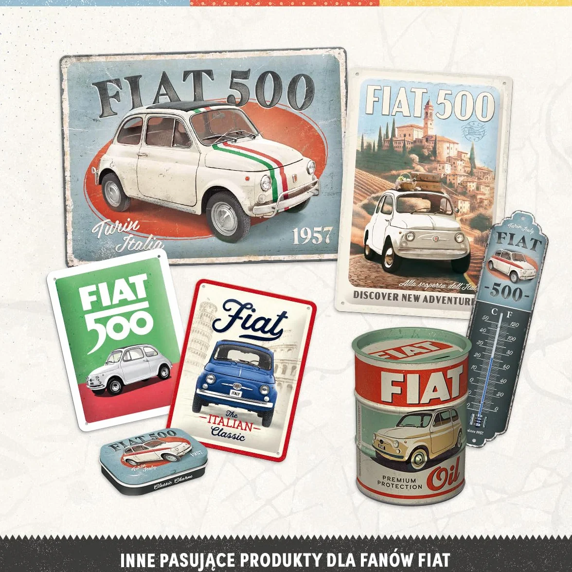 Nostalgic-Art Retro magnesy na lodówkę, 9 sztuk, Fiat 500 – Loved Since 1957 – Pomysł na prezent dla miłośników Fiata, Official License Product (OLP), zestaw magnesów, Styl vintage