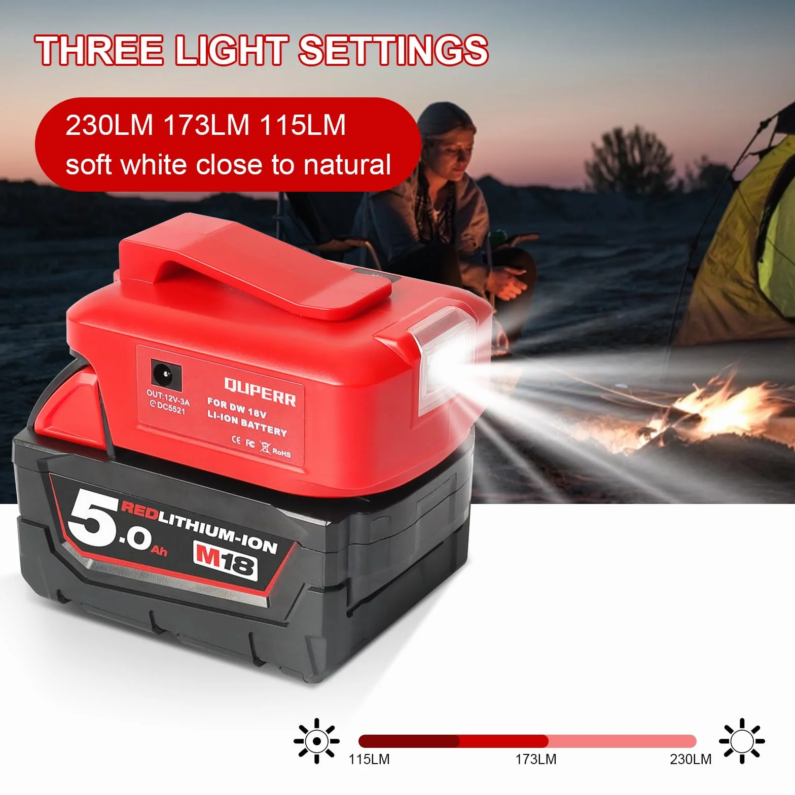 Adapter USB do akumulatora Milwaukee M18 18 V, konwerter z podwójnym portem ładowania USB, port DC 12 V, bezprzewodowa latarka i światło robocze LED (tylko adapter)