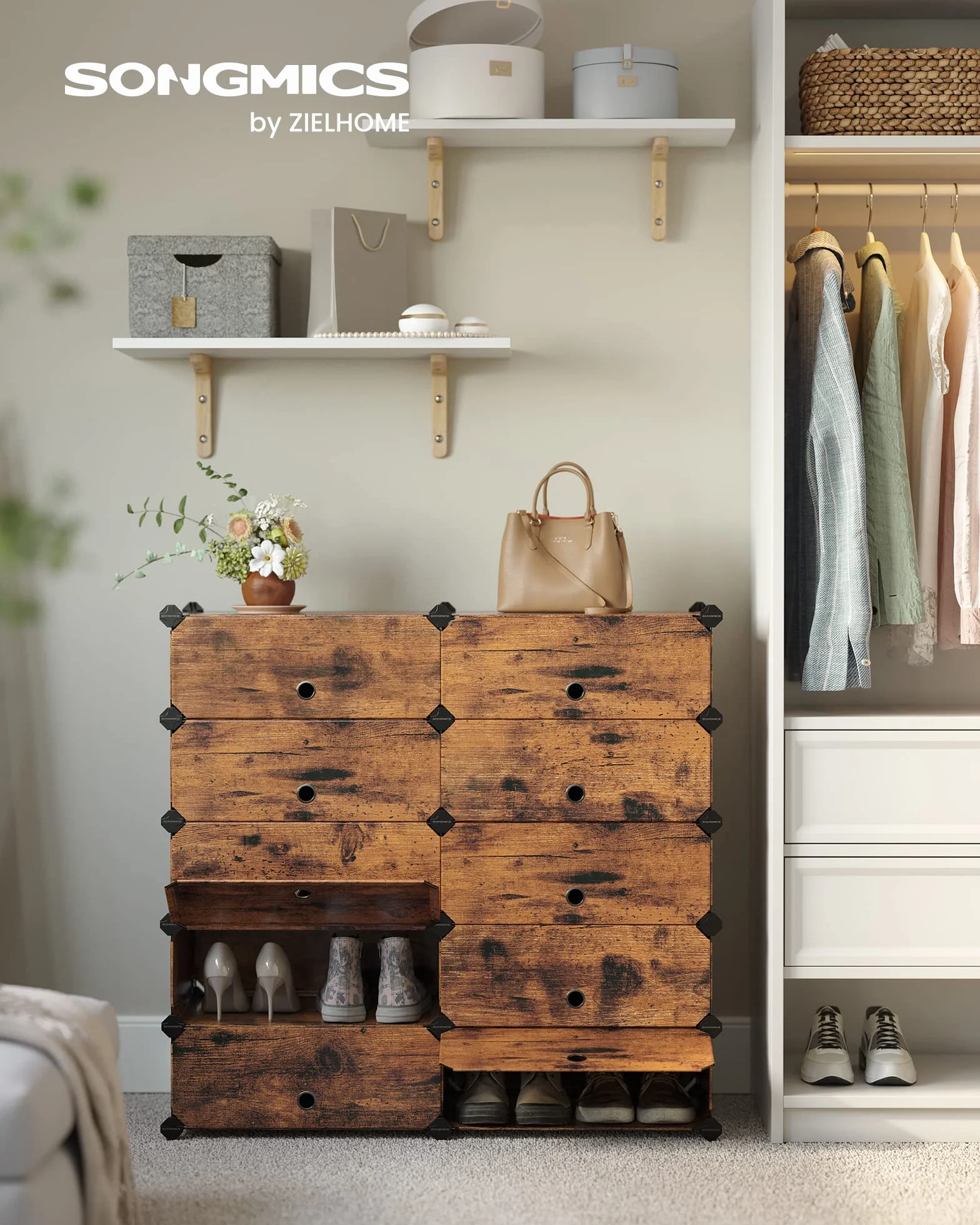 SONGMICS Blokujący stojak na buty, prostokątny organizer do przechowywania, modułowa półka do przechowywania, 40 x 30 x 17 cm, na każdą przegródkę, szafa z tworzywa sztucznego z drzwiami, rustykalny