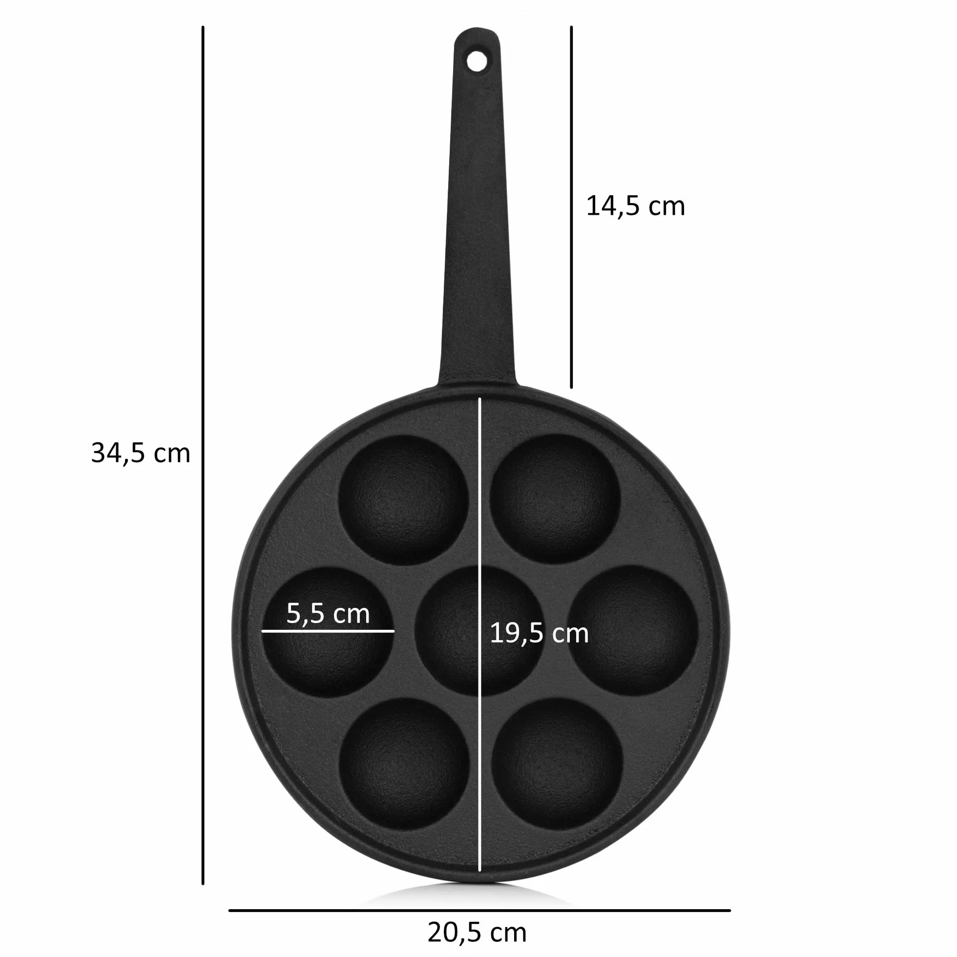 BBQ-Toro Żeliwna patelnia do poffertjes z uchwytem | Ø 20,5 x (wys.) 3 cm, patelnia do 7 patelni, wstępnie przygotowana, patelnia do poffertje, takoyaki, z oczami wołu