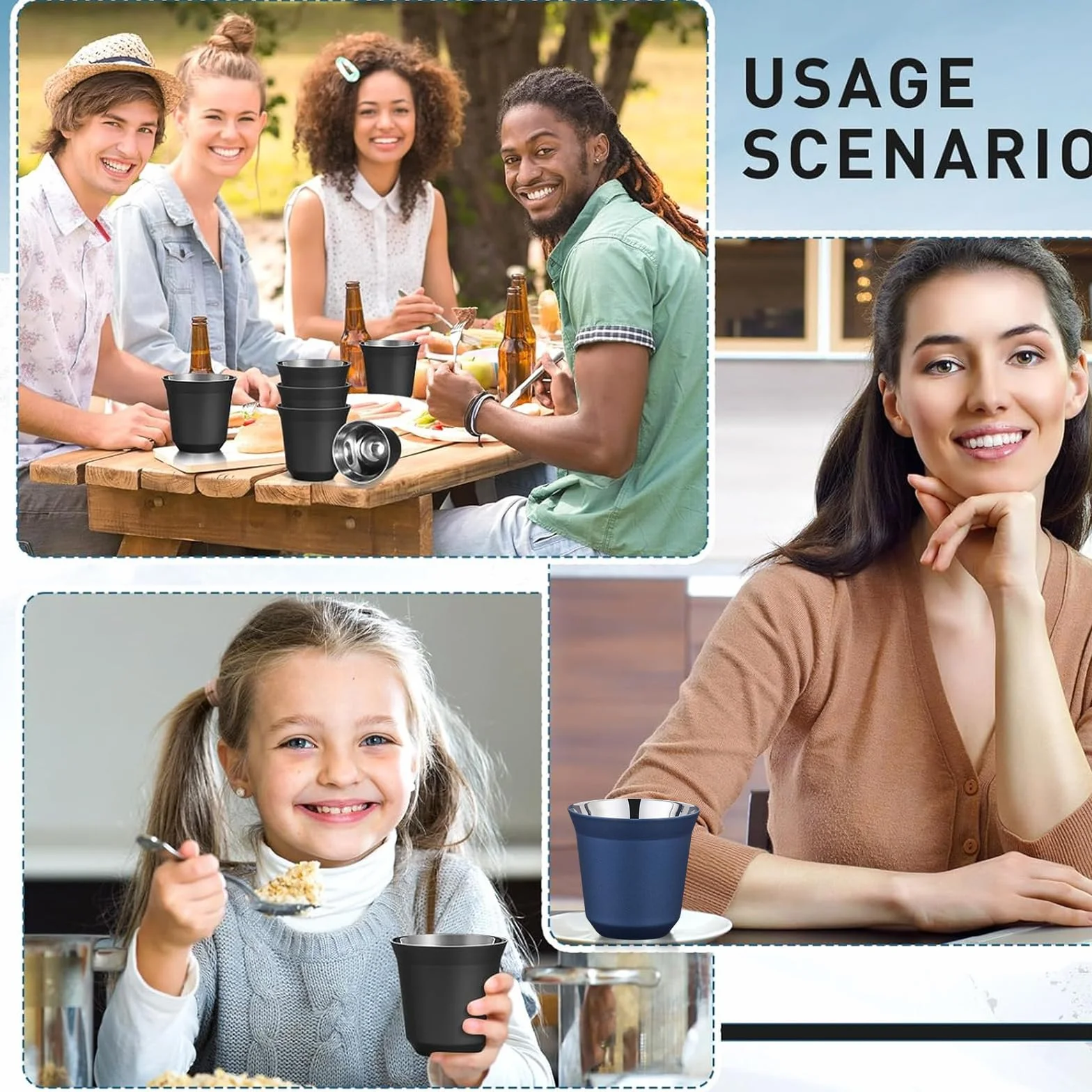 Zestaw 4 filiżanek do espresso ze stali nierdzewnej, 80 ml, grube ścianki, filiżanki do espresso 2 kolory do Mood, zestaw filiżanek espresso ze stali nierdzewnej małe filiżanki