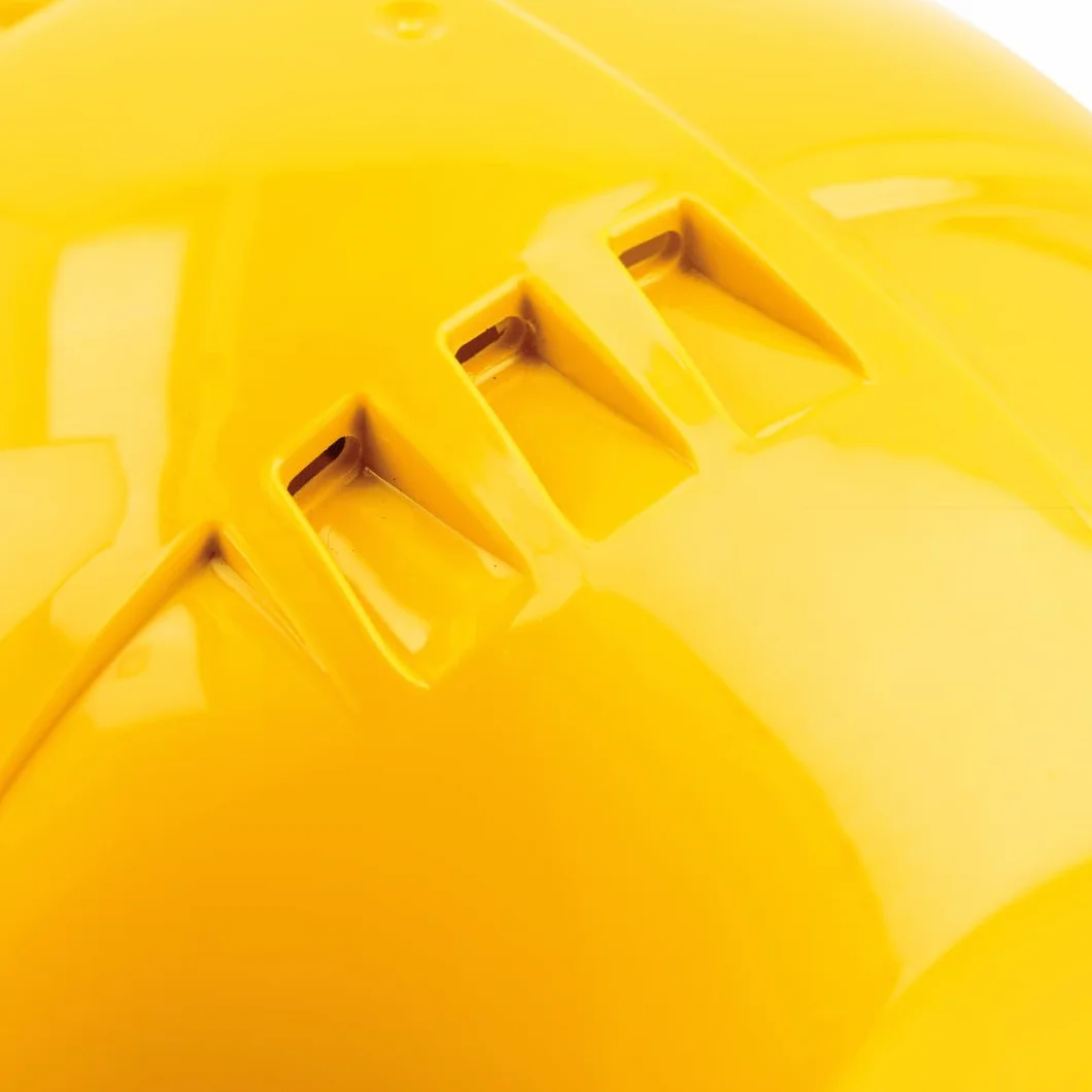 Högert Technik - PLONER kask ochronny, żółty, uniwersalny, kask budowlany | EN 397 | regulowany za pomocą jednego przycisku | otwory wentylacyjne | opaska przeciwpotowa | ochrona przed promieniowaniem