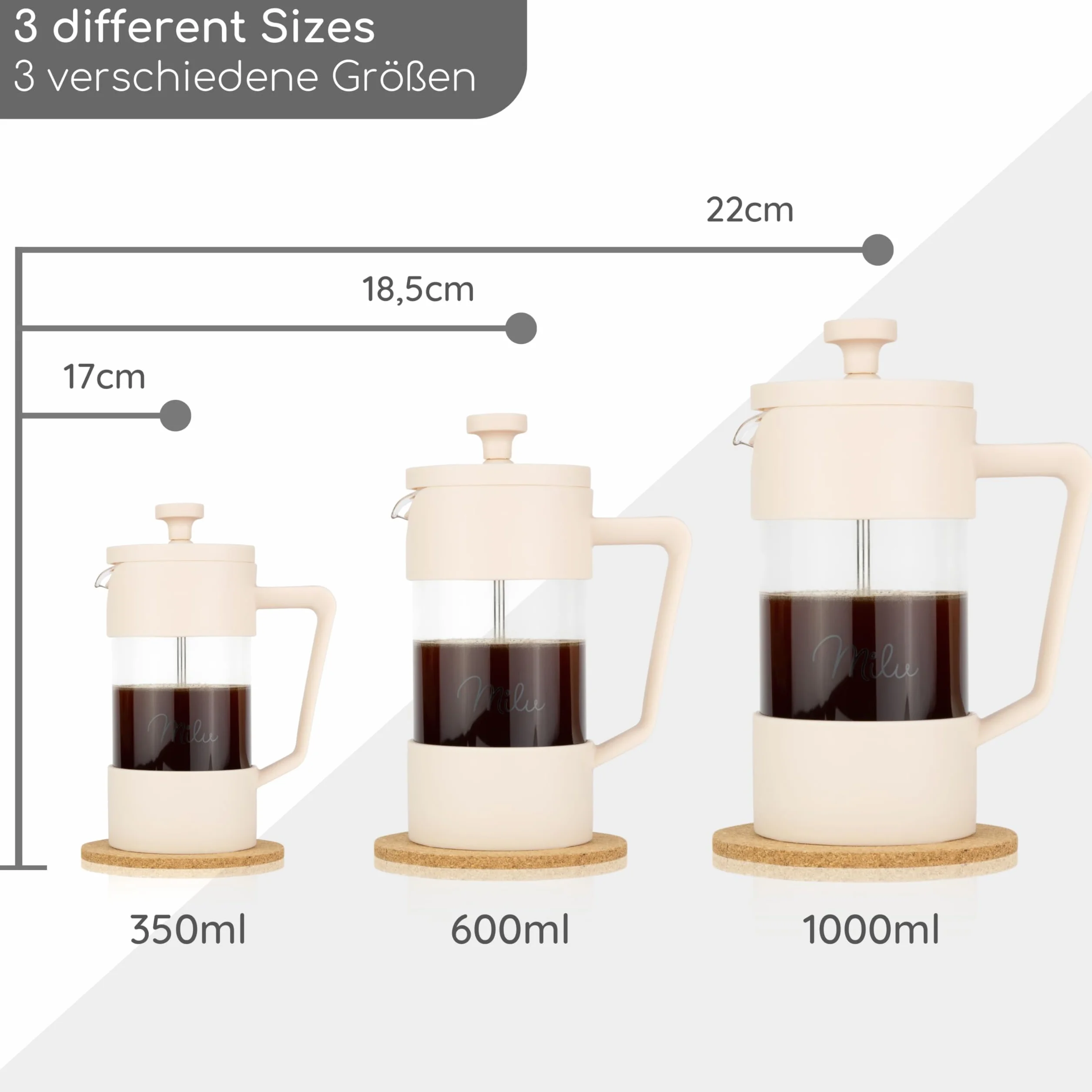 Milu French Press ekspres do kawy, 350 ml, 600 ml, 1 l, szklany ekspres do kawy, do domu, podróży, na kemping, w zestawie podstawka, łyżka, filtr zastępczy (beżowy, 350 ml (2 filiżanki)