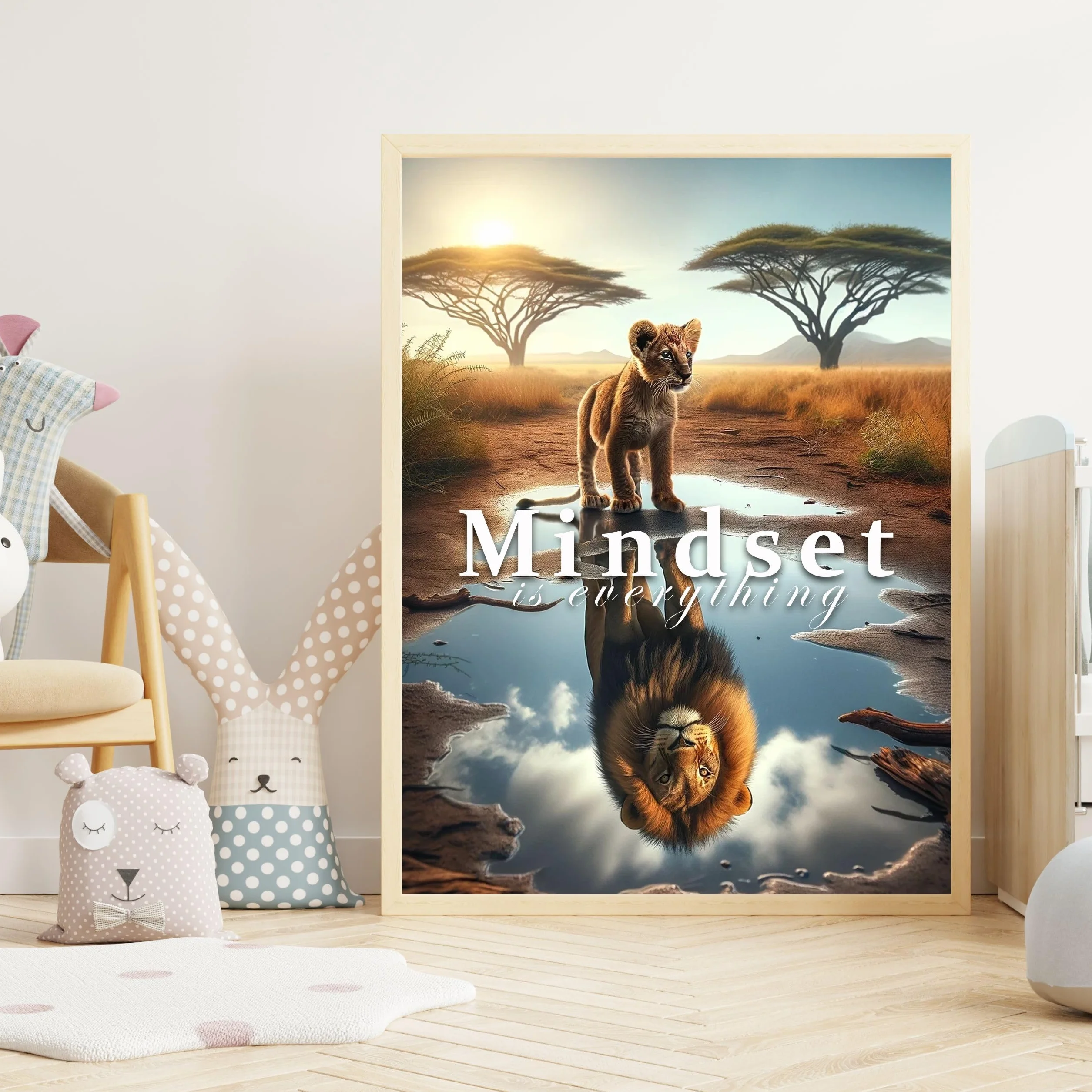 CLEAN SPORTS® Mindset is everything — plakat motywacyjny – lew dziecięcy widzi siebie jako dorosłego lew w lustrze – obraz motywacyjny do biura, sportu i Twojego sukcesu – bez ramki (DIN A1)