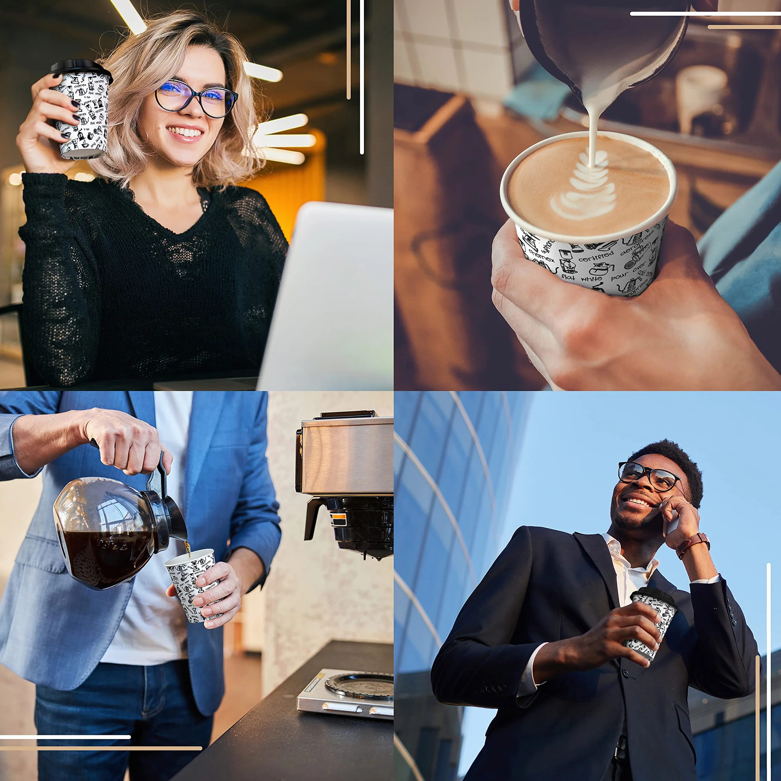 CupCup 100 Papierowych Kubków 240 ml, z Pokrywką i Drewnianymi Pałeczkami do Mieszania – Jednorazowy Kubek do Kawy, Herbaty, Gorących i Zimnych Napojów
