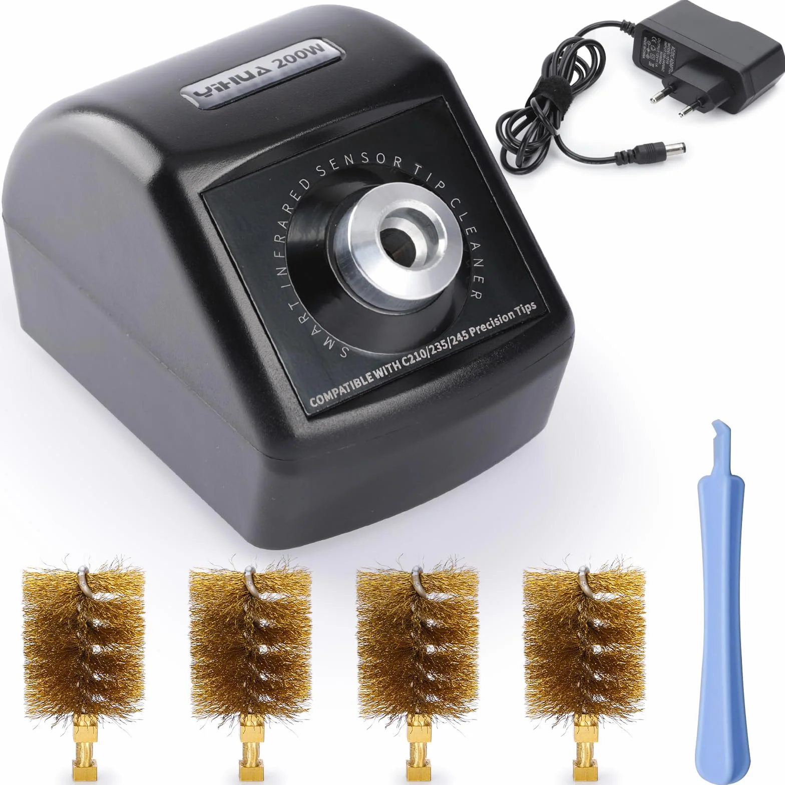 YIHUA Zmotoryzowana końcówka lutownicza 200 W, środek do czyszczenia miedzi z czujnikiem podczerwieni, 4 szczotki z mosiądzu z wełny, adapter sieciowy 12 V – kompaktowy środek do czyszczenia