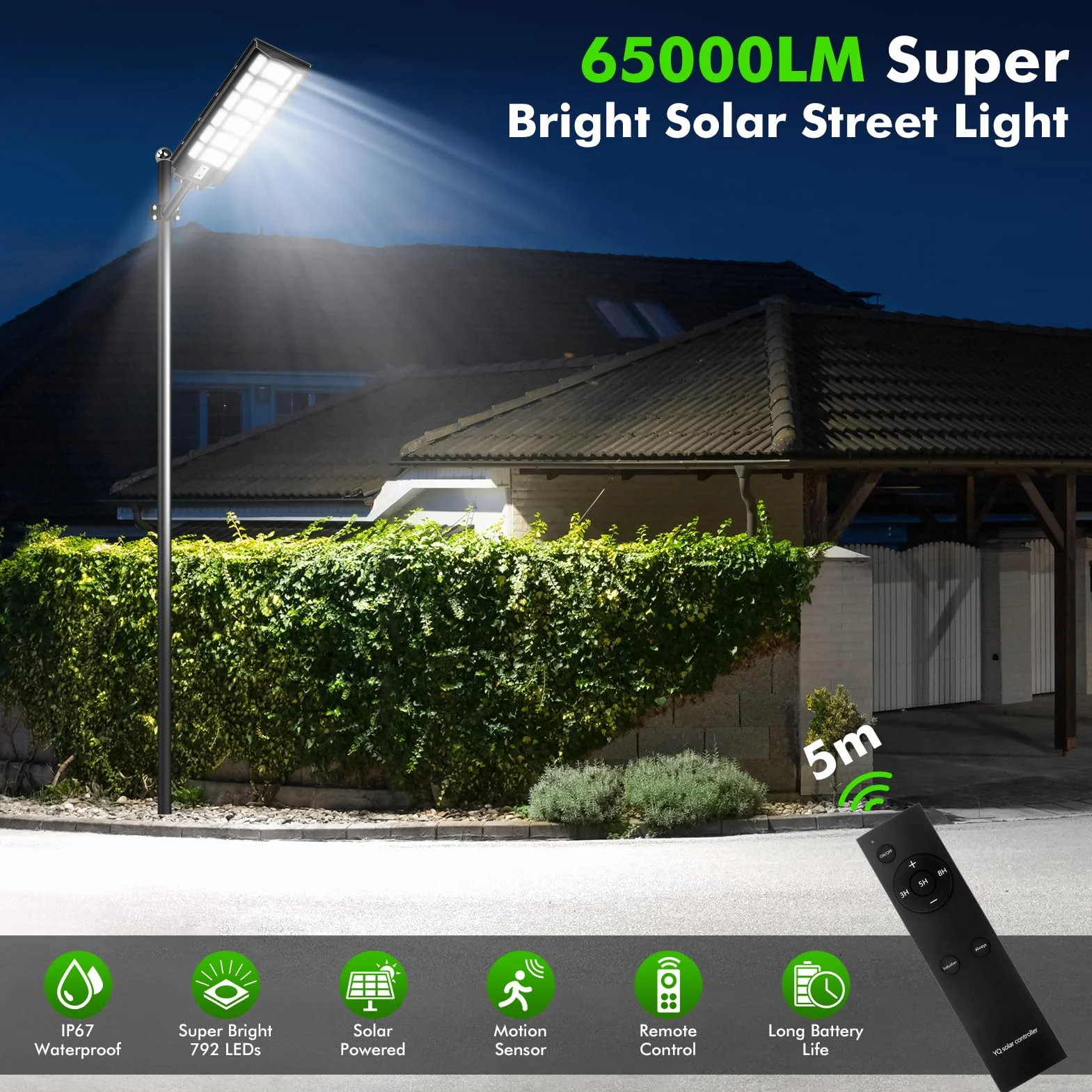 Solarna lampa uliczna LED z pilotem zdalnego sterowania, 1200 W, 6500 K, z czujnikiem ruchu, od zmierzchu do świtu, klasa wodoszczelności IP67, wodoszczelna lampa uliczna do ulicy, garażu