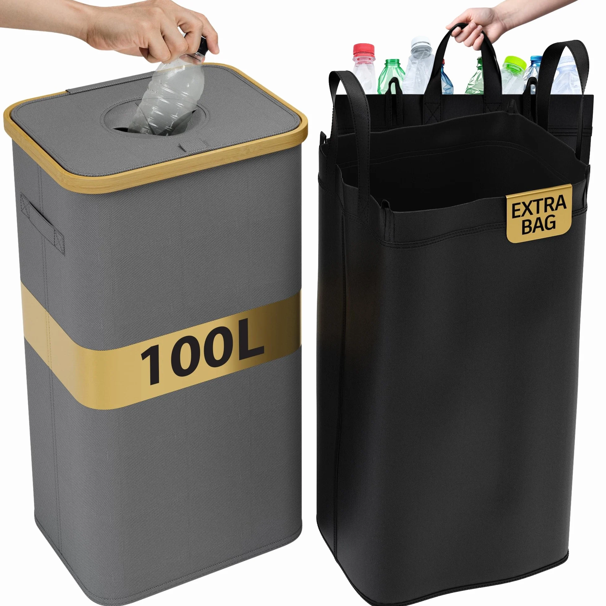 Deco haus® pojemnik na butelki z pokrywką 100L [w zestawie dodatkowa torba wewnętrzna] - Pojemnik na butelki depozytowe z otworem - kosz na butelki z pokrywka - Butelki na kaucję