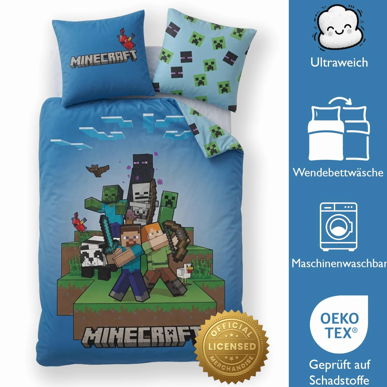 AYMAX Minecraft Ready to Survive 100% komplet pościeli dziecięcej 135 x 200 cm, poszewka na kołdrę + poszewka na poduszkę 80 x 80 cm, mikrofibra