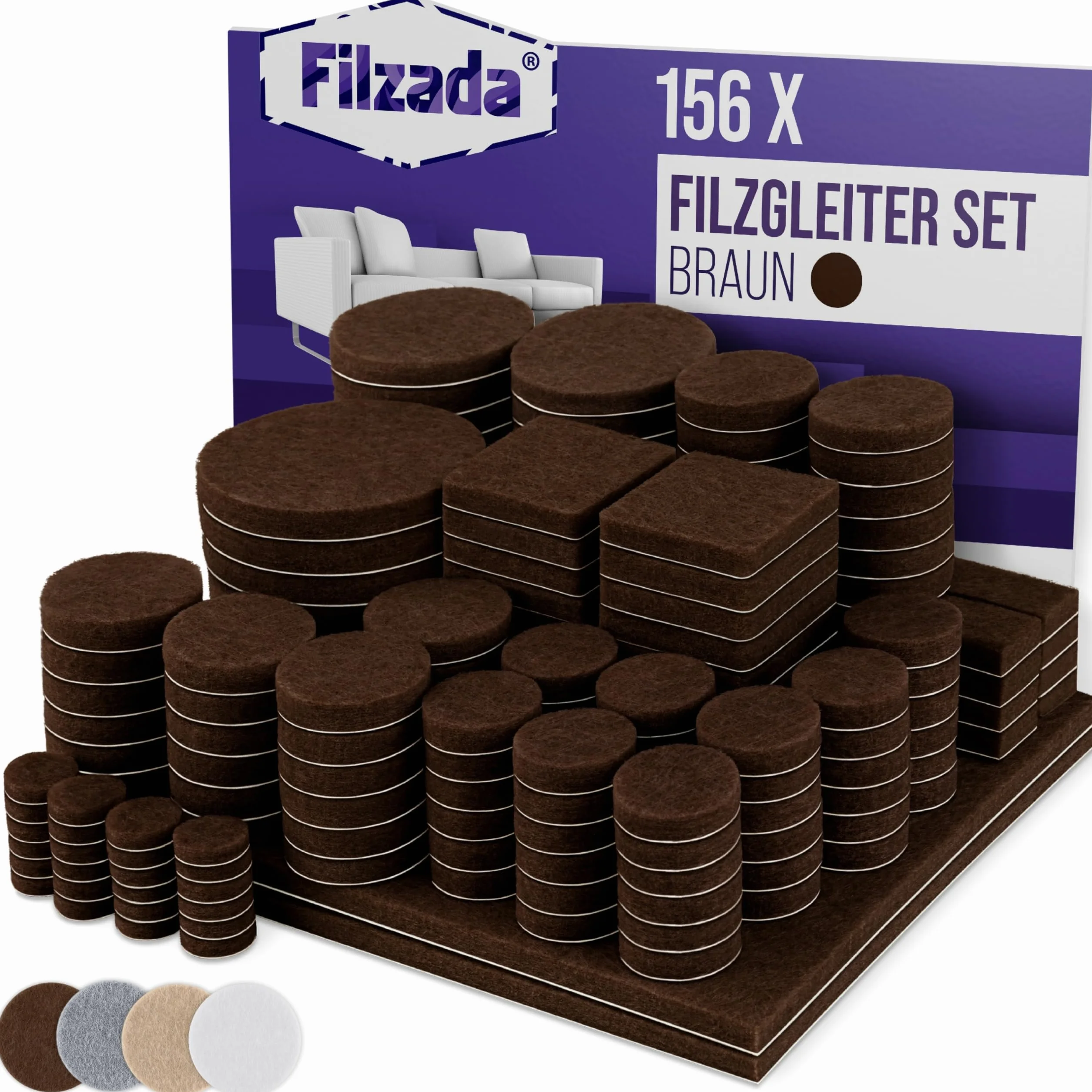 Filzada® Filcowe ślizgacze samoprzylepne zestaw 156 sztuk (kątowe i okrągłe) - brązowy - Profesjonalne ślizgacze meblowe z filcu o idealnej sile klejenia