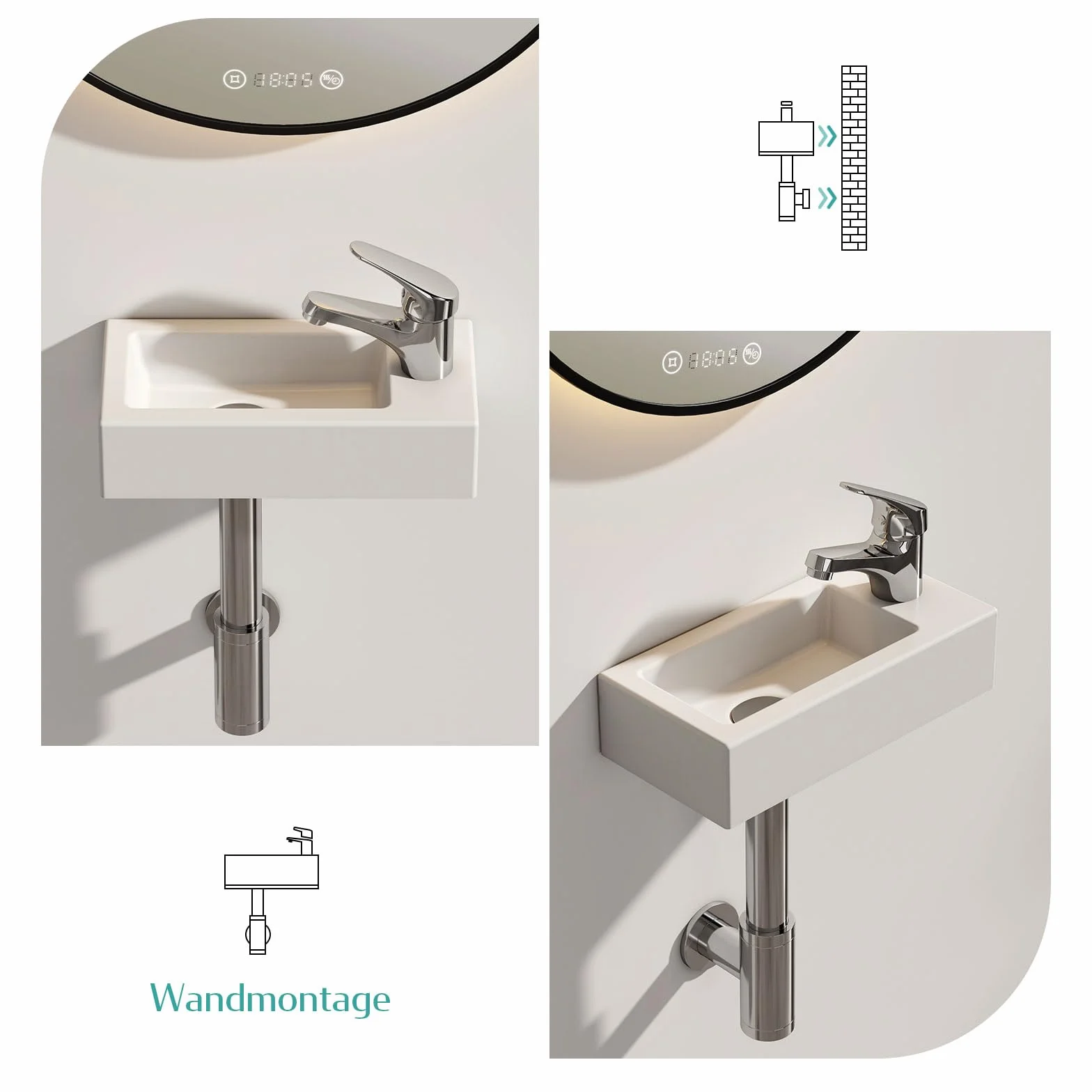 EMKE Umywalka – mini umywalka wisząca do łazienki i WC dla gości – 36 × 18 × 9 cm – wysokiej jakości ceramiczna umywalka – prostokątna, z otworem na armaturę, prawa – biała