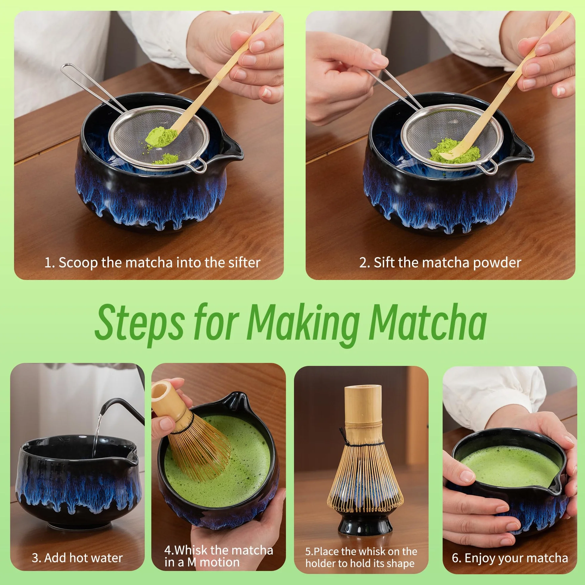 TEANAGOO Zestaw trzepaczek Matcha, zestaw matcha na ceremonię, zestaw matcha Junware-Blue, zestaw do herbaty Matcha do robienia śniadania/latte matcha, prezent dla miłośnika matchy, trzepaczka do