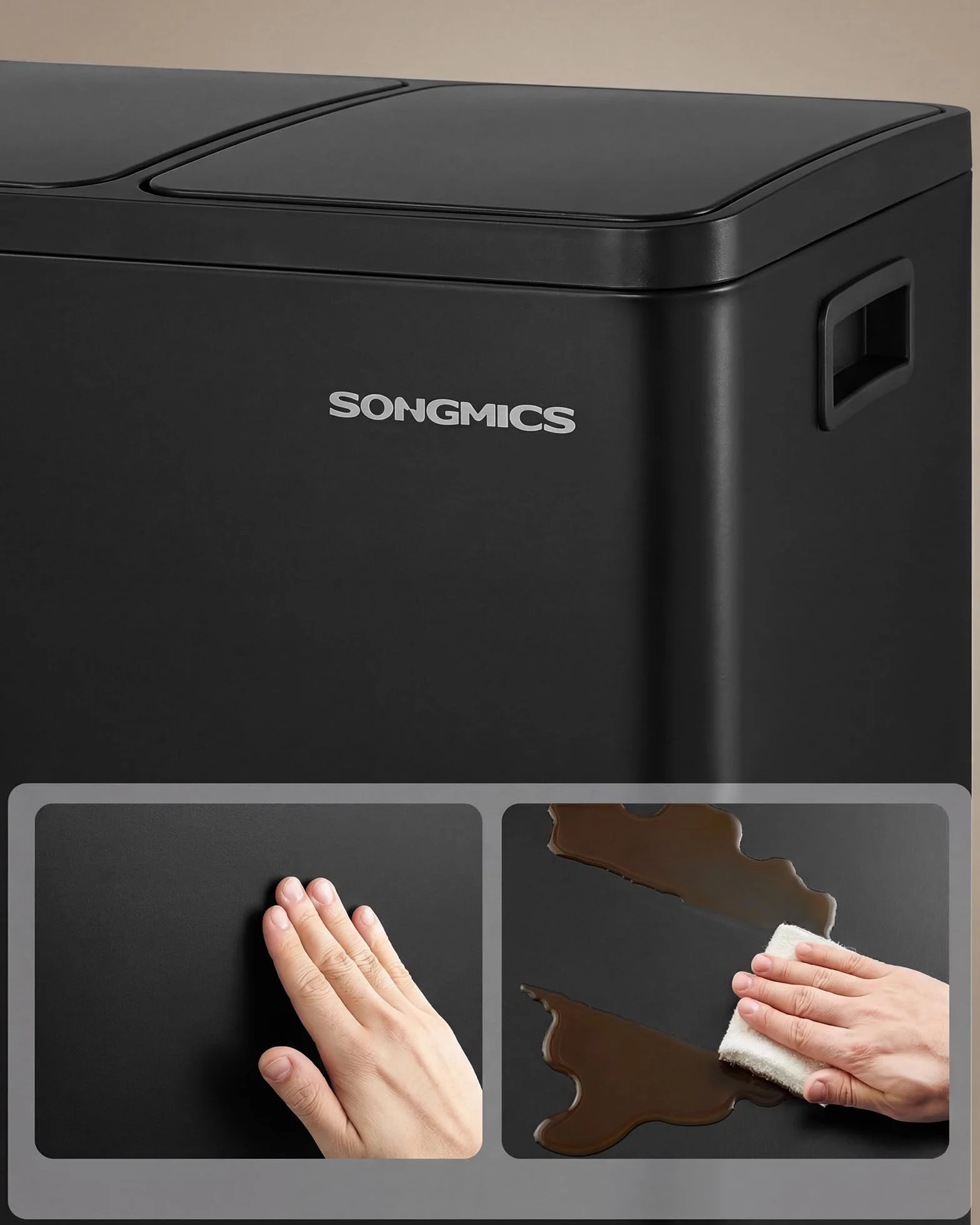 SONGMICS Kosz na śmieci kuchenny, 3 x 18 l, system segregacji śmieci, 3 przegródki, kosz na śmieci z 15 workami na śmieci, kosz na śmieci z pedałem, wyjmowany kosz wewnętrzny, pokrywka Softclose