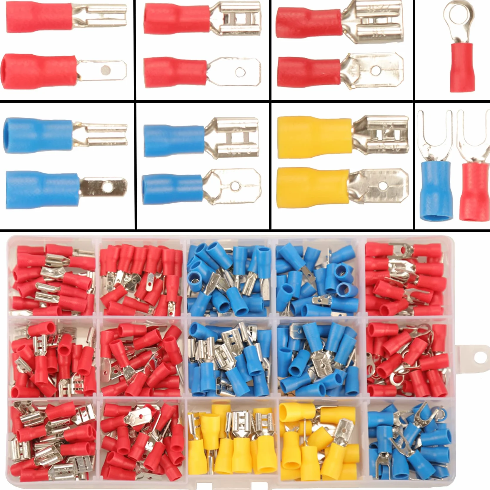 280 sztuk Zestaw Końcówek Kablowych, 15 Typów Złącza Zaciskane Zaciski Elektryczne, Końcówki Zaciskane Złącza Przewodów Elektrycznych, Zaciski Faston Asortyment Zaciskany Różne Złącza Widełkowe
