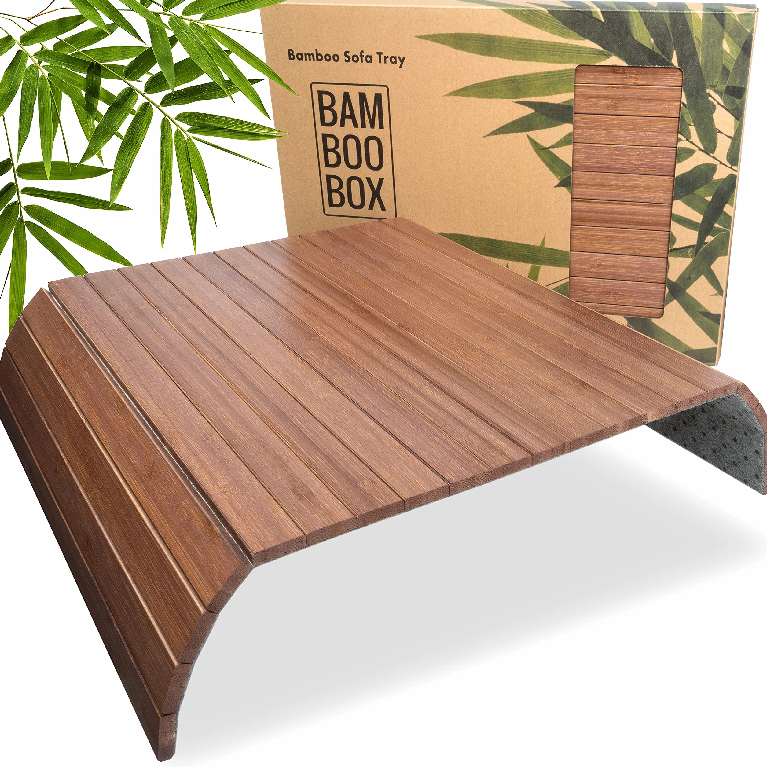 BAM BOO BOX Tacka na Podłokietnik Sofy Bambus – Stolik na Sofę 42x34x0,7cm Antypoślizgowy Elastyczny – Taca Sofa Bambus Napoje Przekąski (Brązowy)