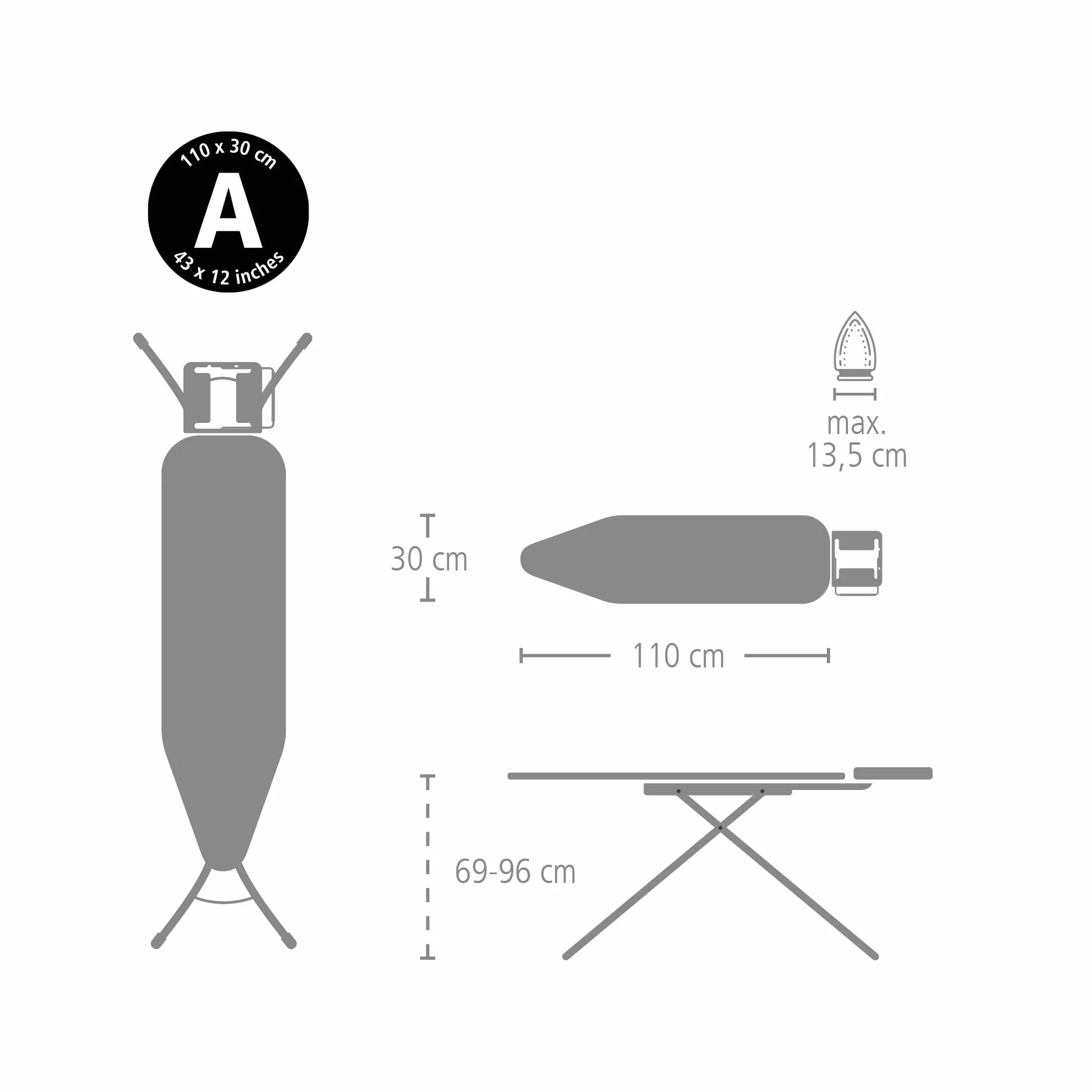 Brabantia - Ironing Board A - With Adjustable Iron Rest - Adjustable Height - Non-Slip Rubber Feet - 100% Fairtrade Cotton Cover with Foam Layer - Foldable - New Dawn - Size A (110x30 cm)