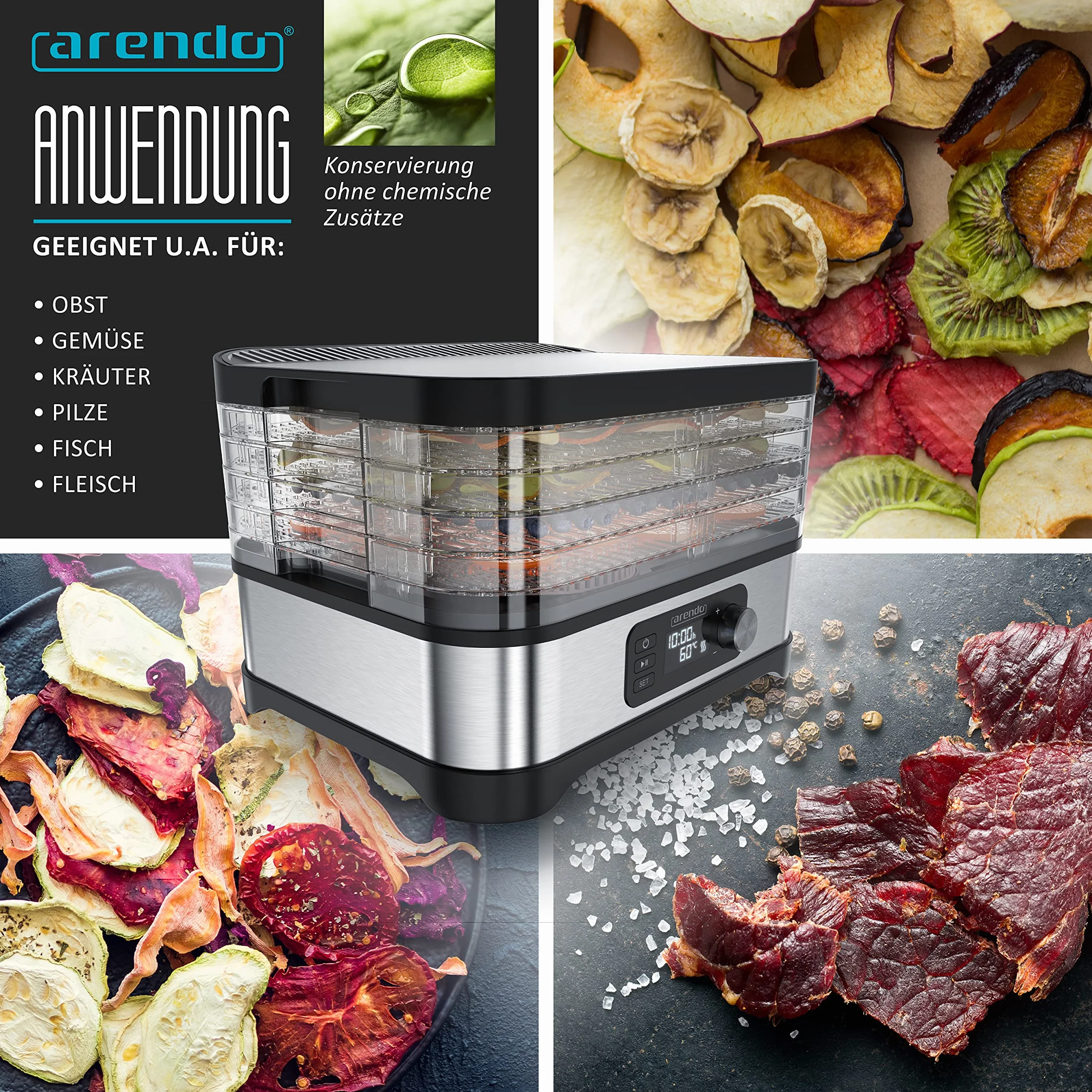 Arendo - Suszarka z regulatorem temperatury 400 W – urządzenie do suszenia żywności, mięsa, owoców, warzyw, z timerem do 24 h, 35 – 70 stopni, 5 wkładanych półek, GS – odwadniacz – nie zawiera BPA