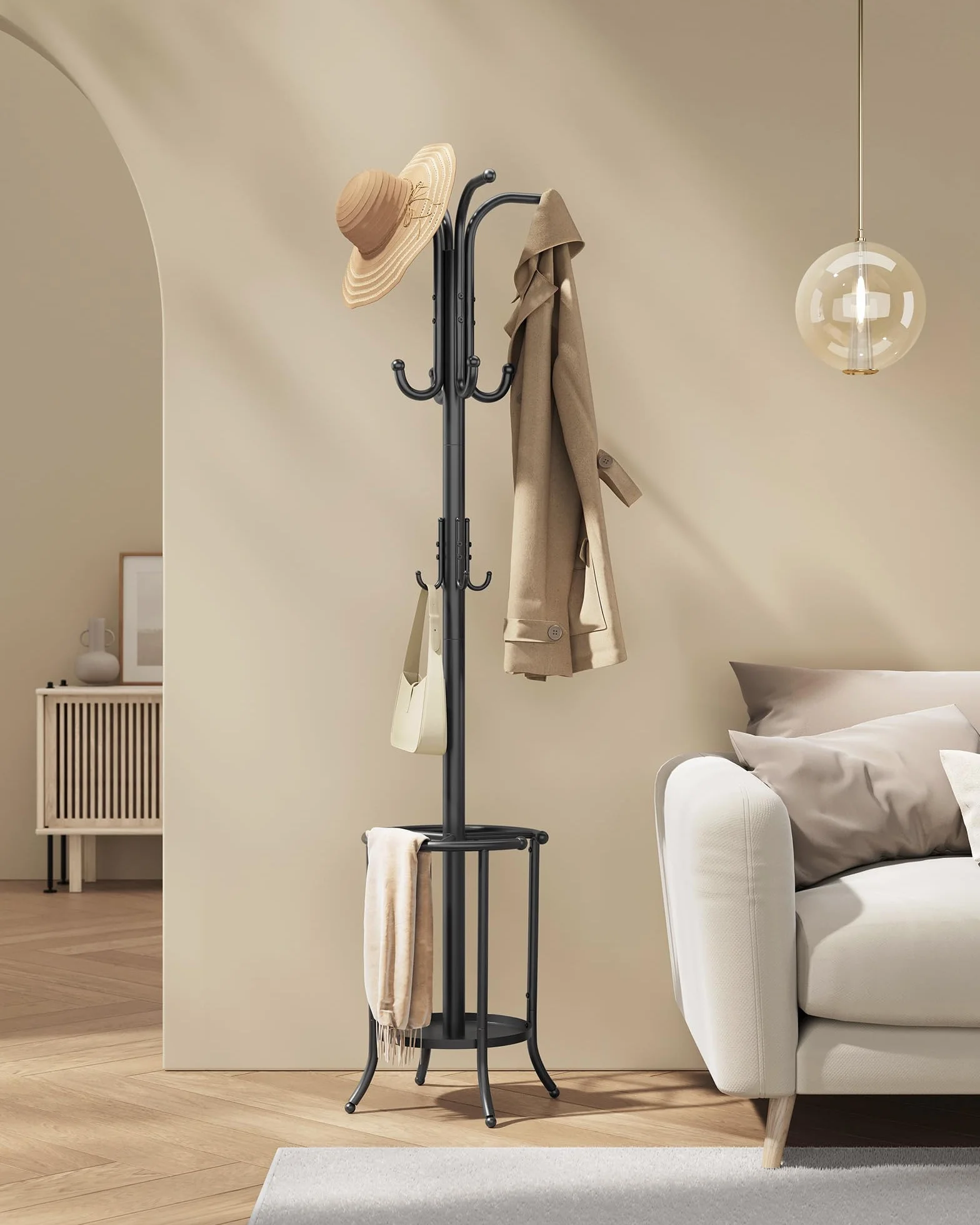 SONGMICS RCR011B01 wieszak na ubrania, wolnostojący, z uchwytem na parasol, 12 haczyków, metal, wysokość 175 cm, do przedpokoju, salonu, sypialni, czarny atrament
