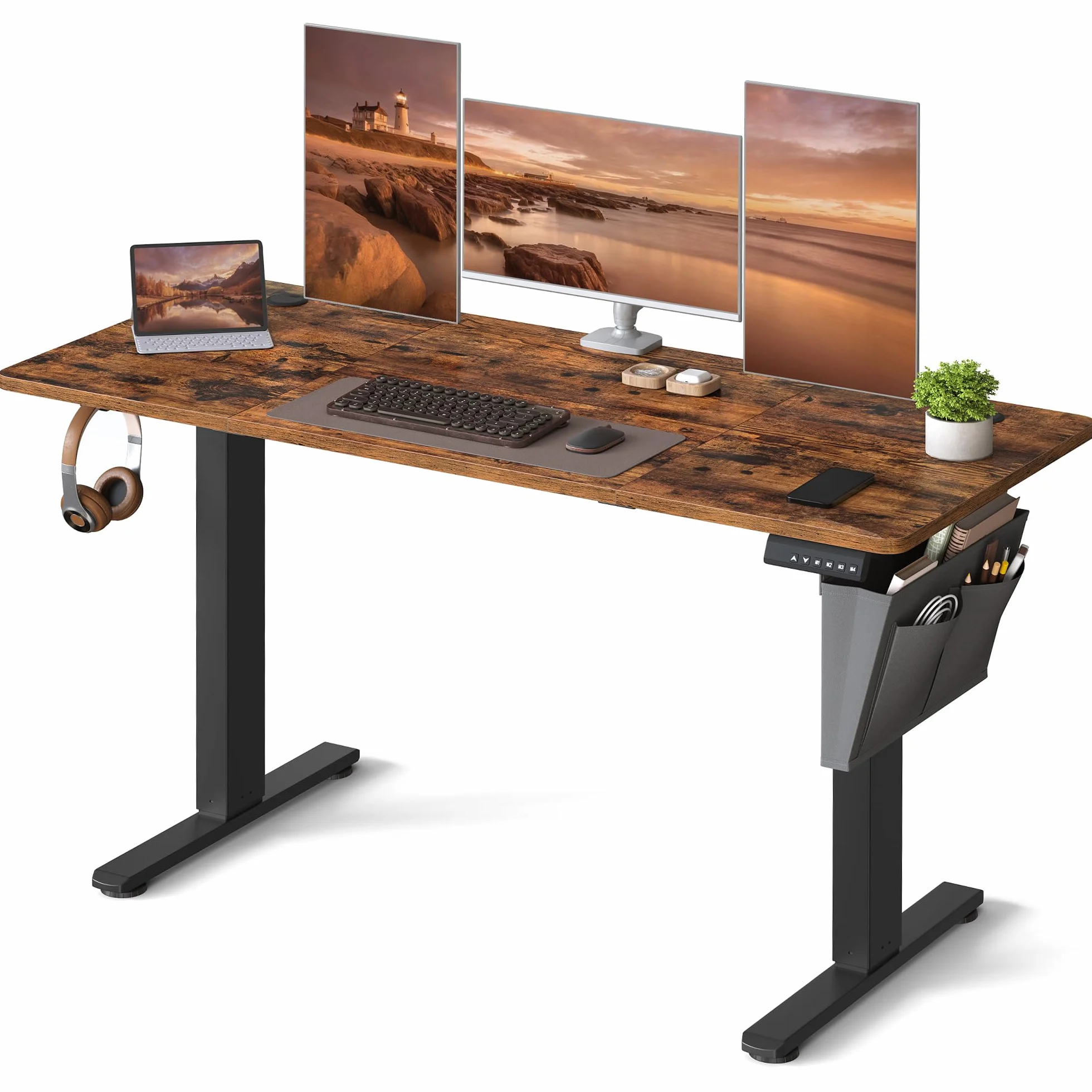 SONGMICS Biurko z elektryczną regulacją wysokości, 140 x 60 x (72-120) cm, regulowane, 4-stopniowa funkcja pamięci wysokości, do biura domowego, gabinetu, kolor brązowo-atramentowy LSD134K01