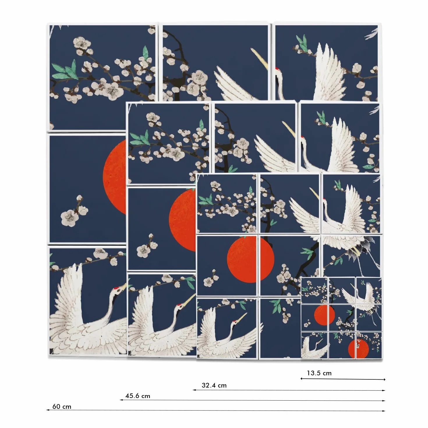 Fabulous Zestaw x9 Dekoracyjne płytki ceramiczne 10,8 x 10,8 cm - Japonia żuraw czerwony nadruk tradycyjna ilustracja (rozmiar całkowita 32,4 x 32,4 cm)