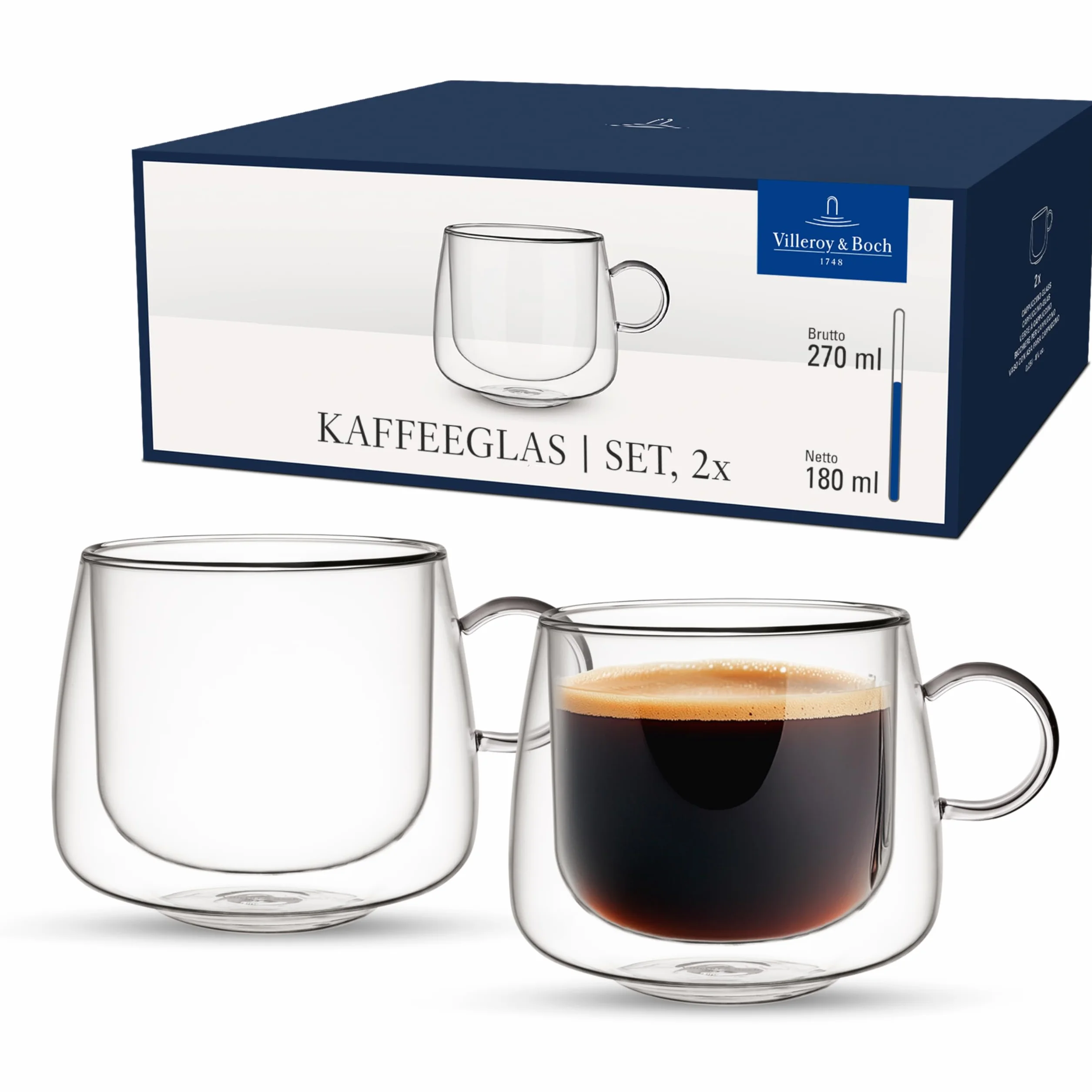 Villeroy & Boch – Artesano Hot&Cold Beverages szklanka do kawy, zestaw 2 szklanek, podwójne ścianki do napojów, 180 ml, szkło borokrzemowe, zmywarka, mikrofala