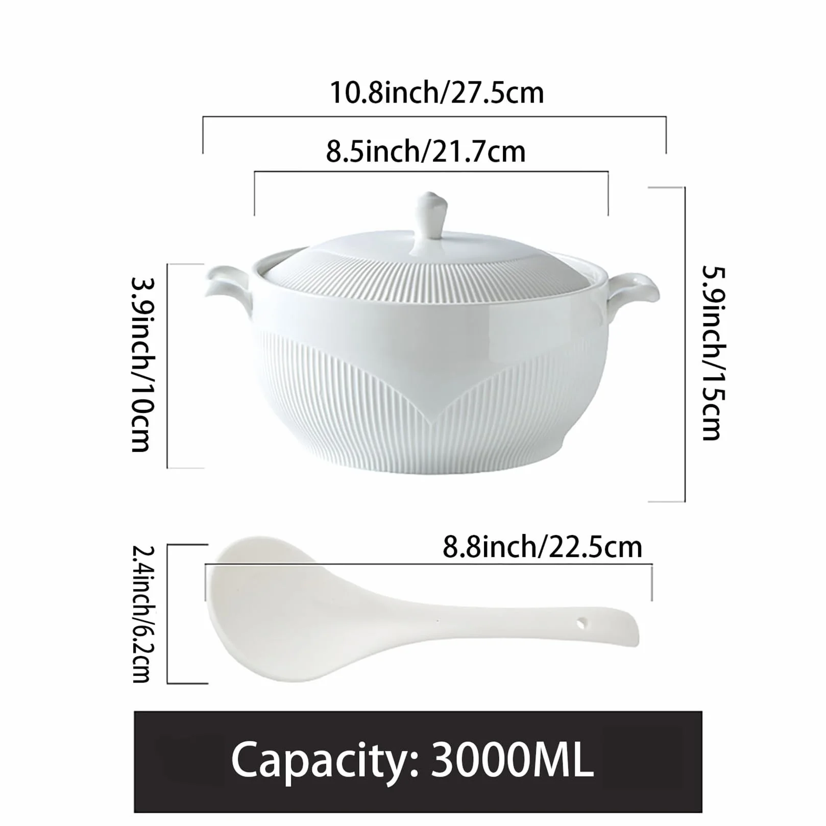 Biała waza z 2 uchwytami, porcelanowe wazaki z pokrywką i łyżką do kuchennej kuchenki mikrofalowej,White,L