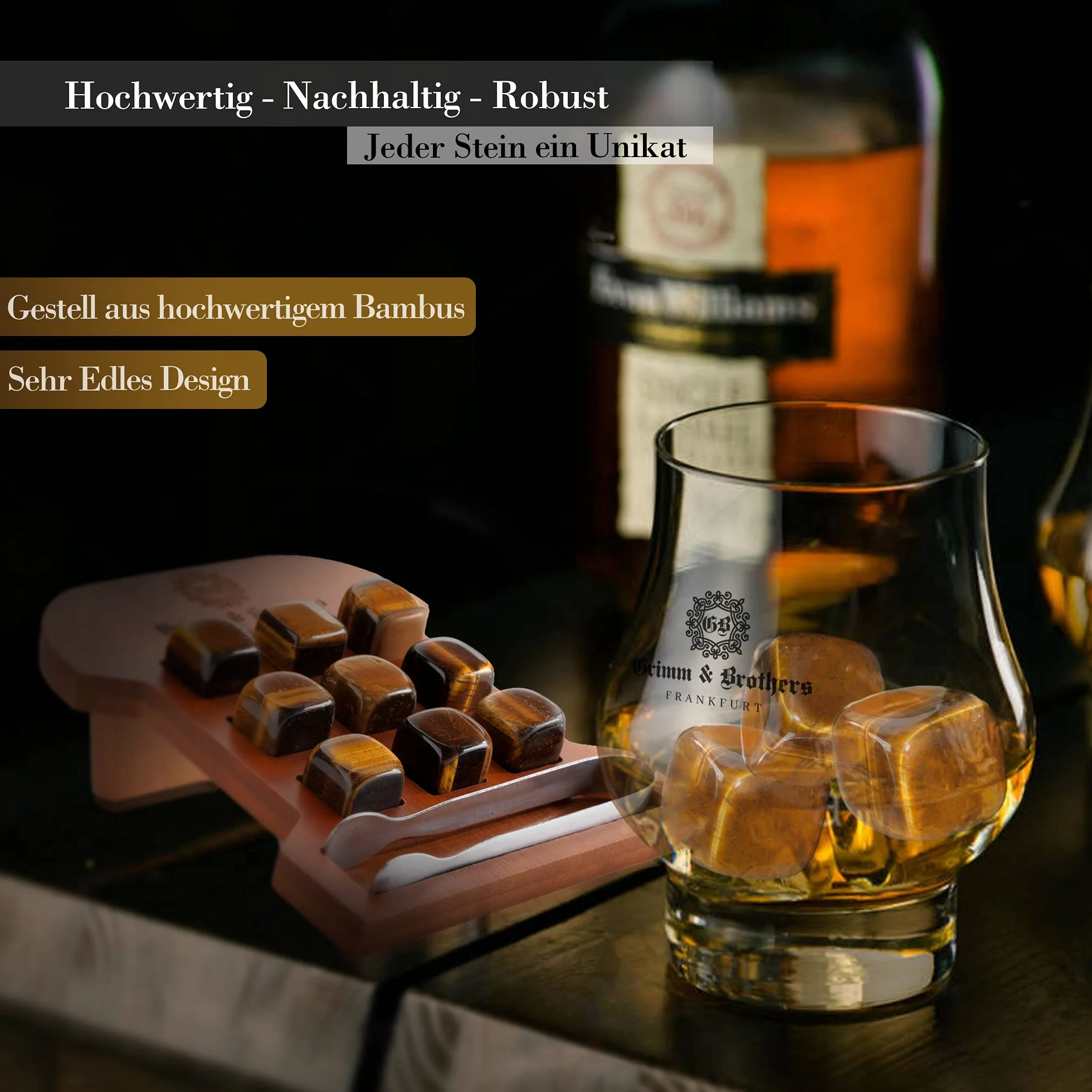 Grimm & Brothers: Zestaw kamieni do whisky, 9 kamieni tygrysie oko, grawerowana rama bambusowa, kamienie chłodzące, prezenty dla mężczyzn, kostki lodu wielokrotnego użytku, zestaw upominkowy