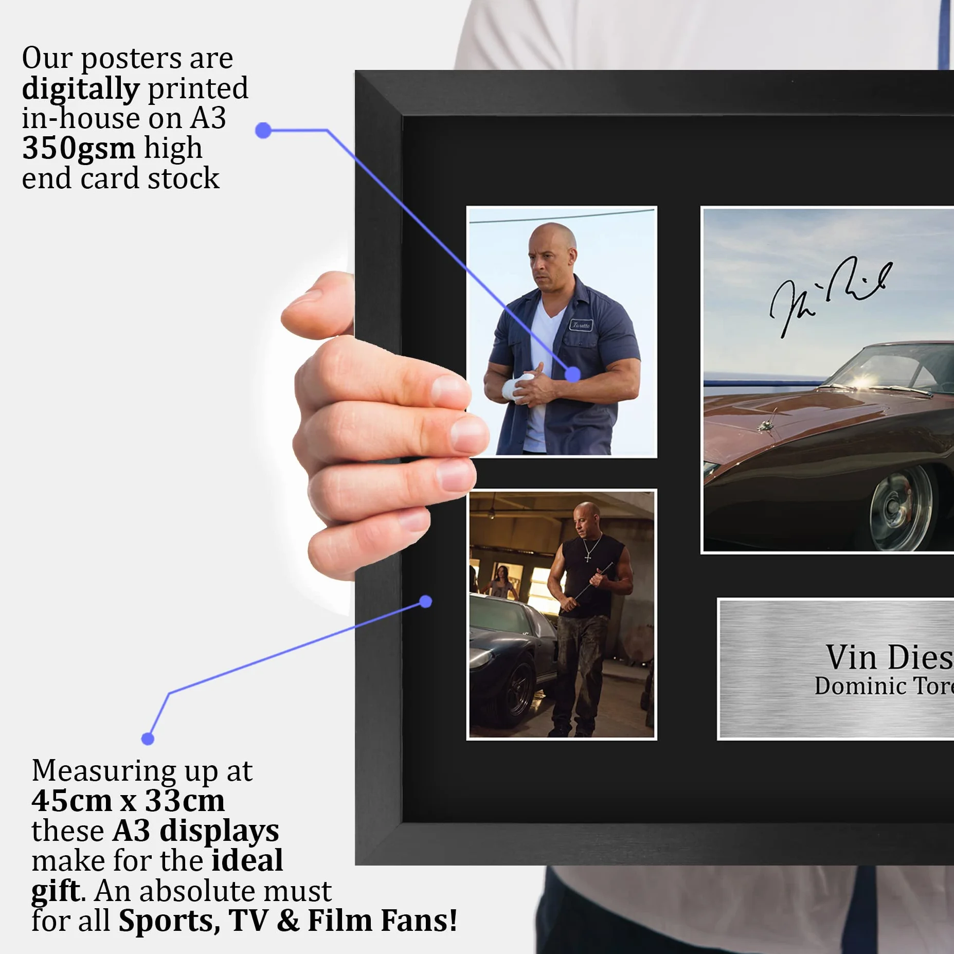 HWC Trading FR A3 Vin Diesel Fast and Furious Dominic Toretto Prezenty Drukowane Podpisane Autografy Dla Fanów Pamiątek Filmowych - A3 Oprawiony