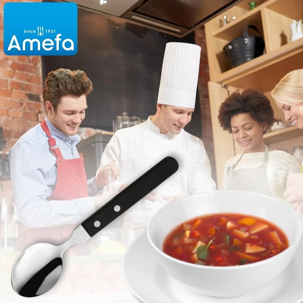 Amefa PIZZA 7000 zestaw łyżek do pizzy/steków dla 6 osób, czarny uchwyt, stal nierdzewna 18/0, polerowana i nierdzewna, 2-krotnie nitowane uchwyty z drewna Pakka, sztućce do pizzy, sztućce do steków,