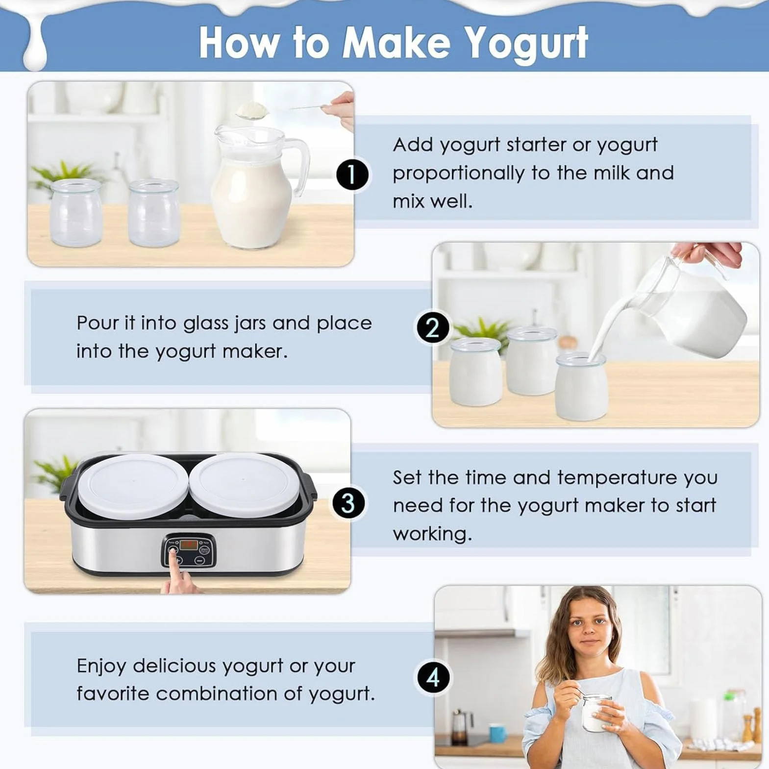 Ejoyous Jogurtownica, Joghurt Maker w Zestawie z 2 Szklanymi Pojemnikami 1000 Ml Automatyczna Regulacja Temperatury Cyfrowy Timer 0-48 Godzin, do Greckiego Jogurtu, Sera (Wtyczka UE 220 V)