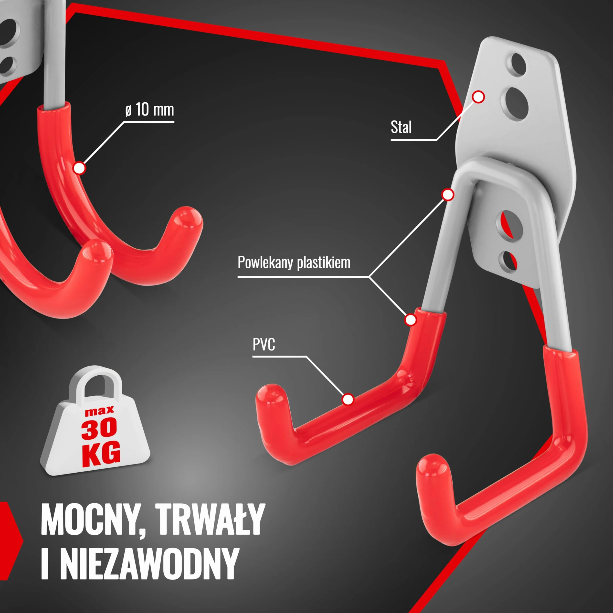 Poppstar 14 haków garażowych, podwójne haki o dużej wytrzymałości, 5 rozmiarów (w kształcie U i J), czerwone